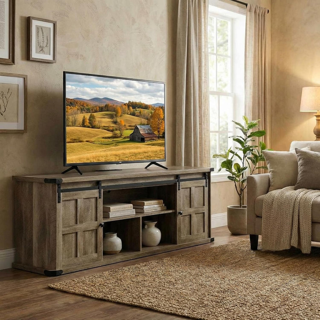 GarveeHome 70' Farmhouse TV Stand for 75 Inch TVs, Modern Entertainment Center with Sliding Barn Doors, Modern Media TV Console Table, Wood Long TV Stand for Living Room