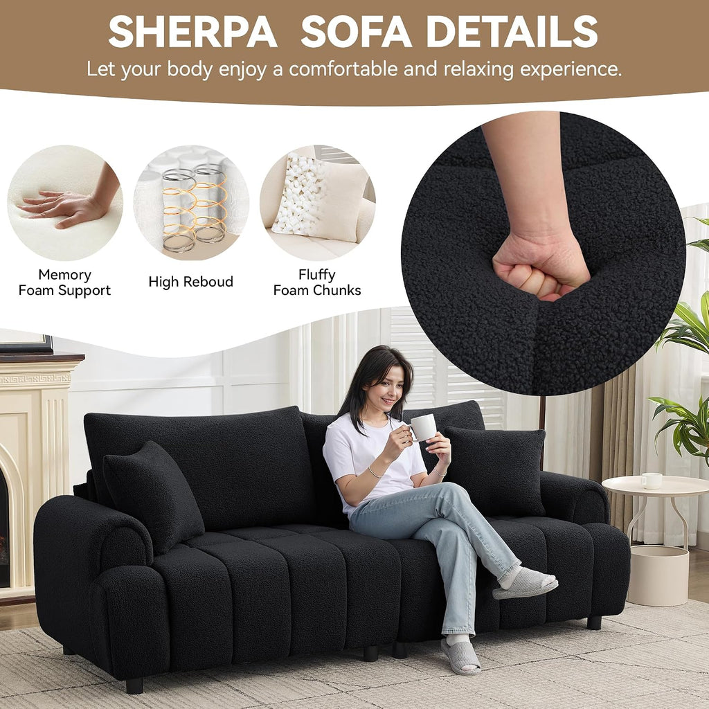 88 'Modern Boucle Sofa Couch, Oversized Comfy 3 Seater Sherpa Curved Sofas Deep Seat, Upholstered Loveseat Teddy Round Arm Couches for Living Room, Bedroom, Black