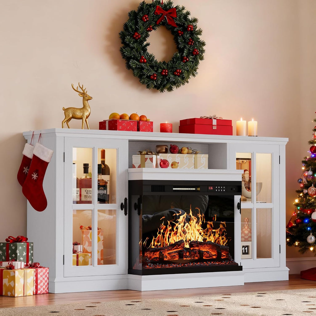 YESHOMY Glass Fireplace TV Stand for Televisions up to 65', Media Entertainment Center Console Table with Led Lights, White Wash