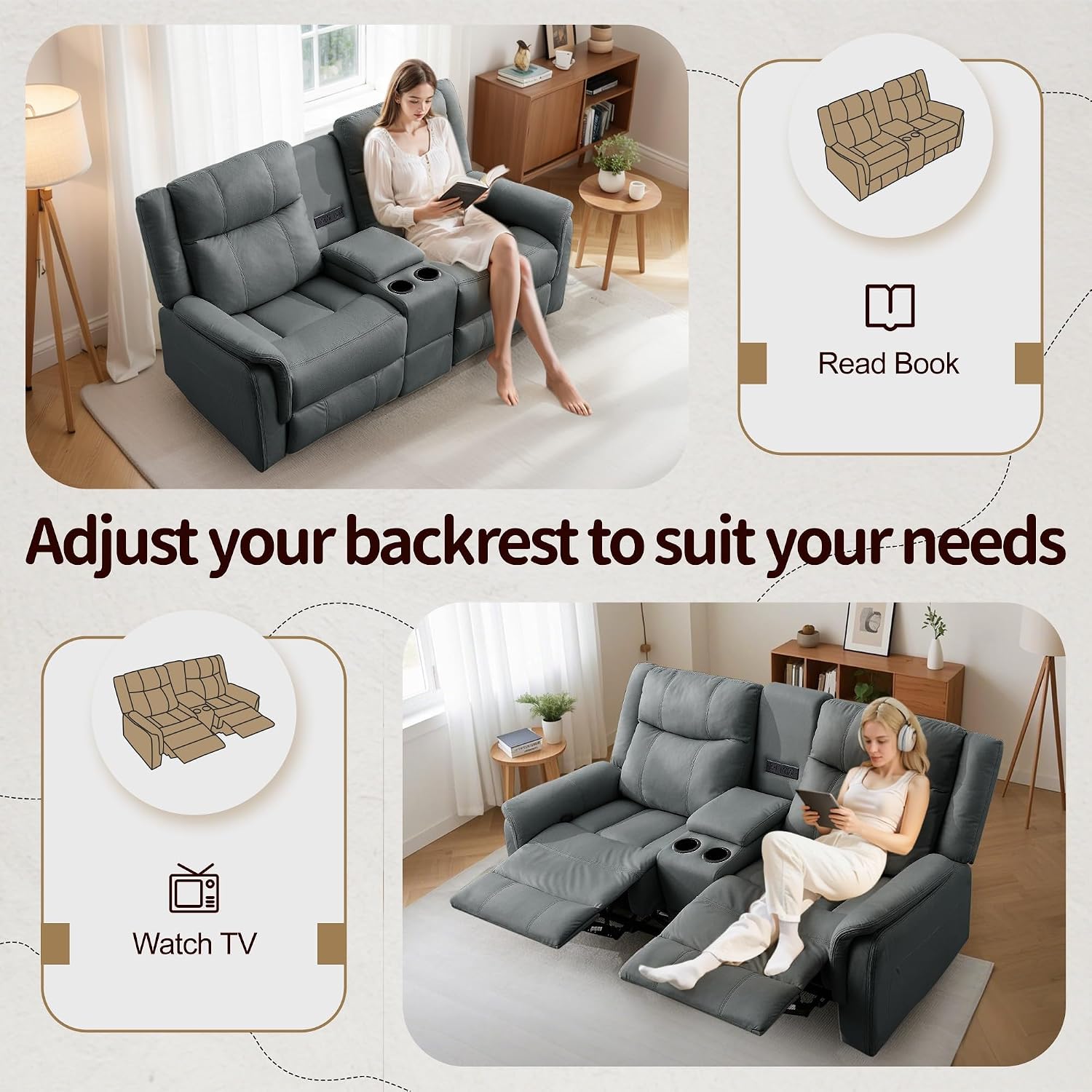 Korser Loveseat Recliner Sofa, Reclining Loveseat Couch, Reclining Couch with Console, USB Port, US Outlets, and Cup Holders, 2-Seater Sofa for Living Room