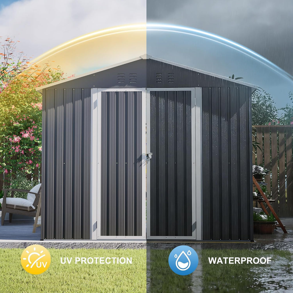 8x12 Ft Large Metal Outdoor Storage Shed with Floor Frame & Lock, Durable Waterproof & Windproof Tool Shed for Garden, Backyard, Patio