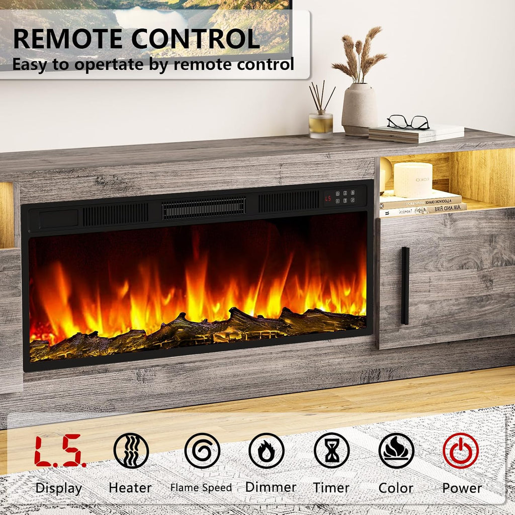 Tavata Fireplace TV Stand Entertainment Center with 36' Fireplace, 70' Wooden TV Console for TVs Up to 80', Modern TV Stands for Living Room with High Gloss Storage Cabinet and LED Lights (Grey)