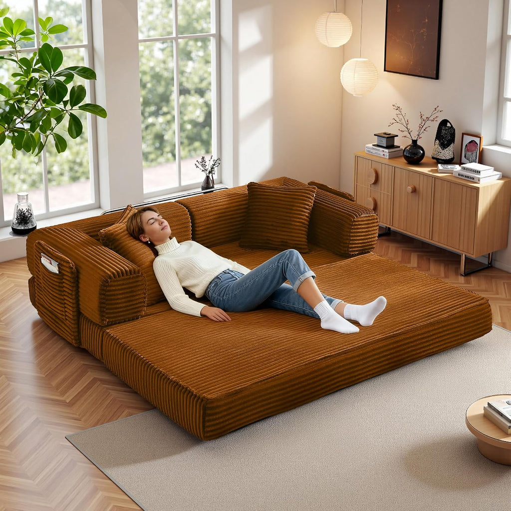 Boneless Couch Futon Sofa Bed Sectional Couches for Living Room,Cloud Couch with Sleeper Sofa,Sofas for Living Room Oversized Corduroy Upholstered (Orange, 81 Inches (with Iron Frame))