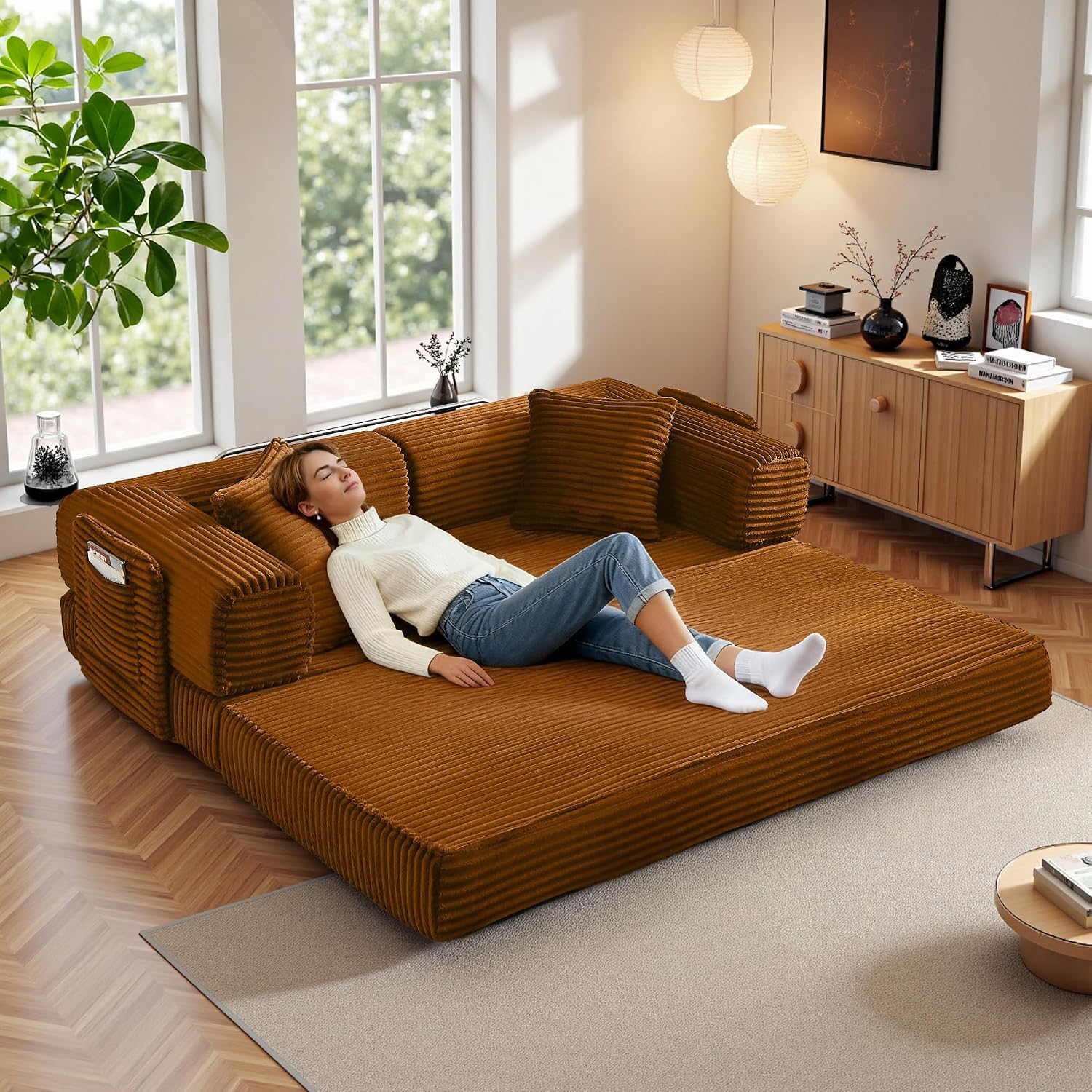 Boneless Couch Futon Sofa Bed Sectional Couches for Living Room,Cloud Couch with Sleeper Sofa,Sofas for Living Room Oversized Corduroy Upholstered (Orange, 81 Inches (with Iron Frame))