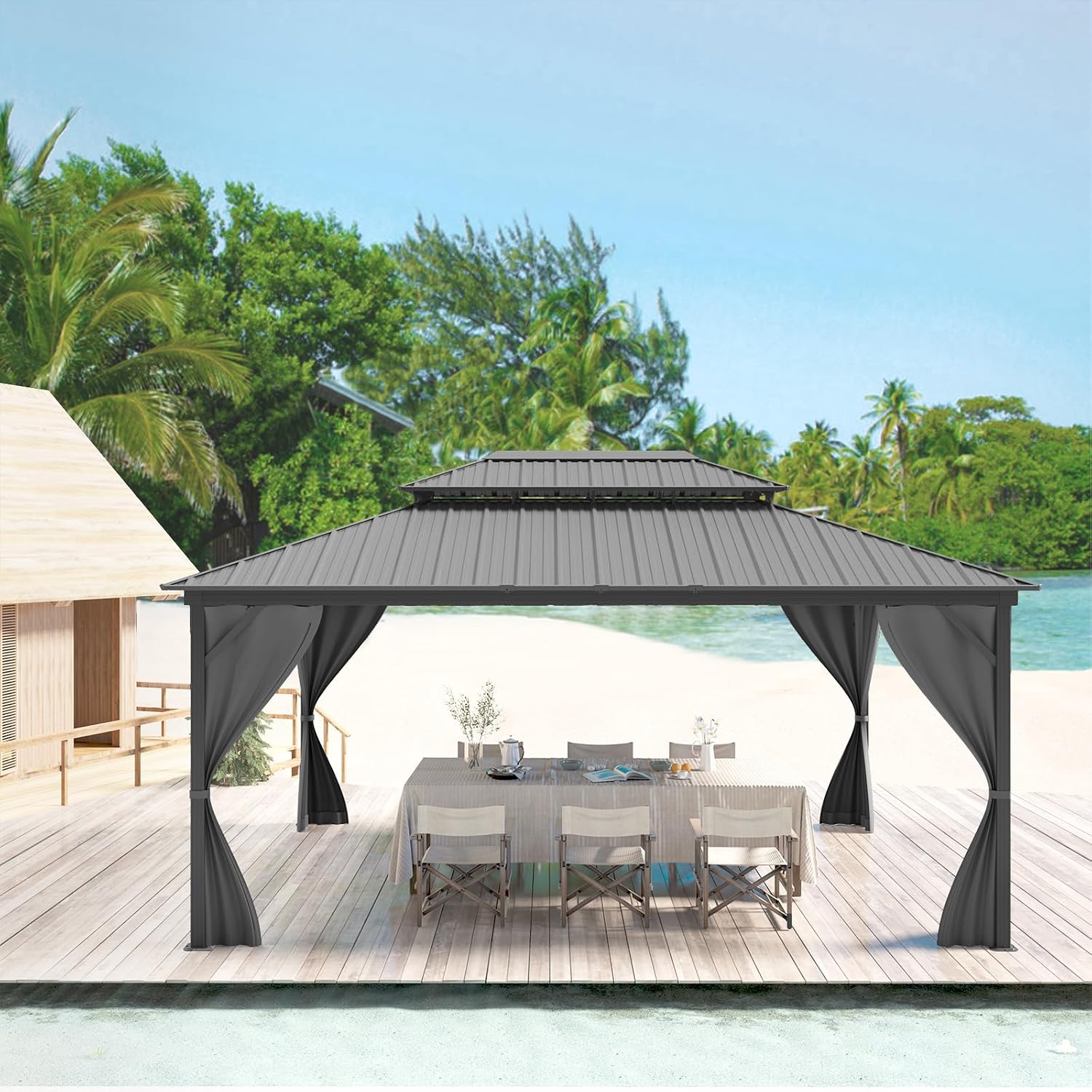 GarveeLife 12x16 ft Hardtop Gazebo, Galvanized Steel Metal Double Roof Aluminum Gazebo with Curtain and Netting, Brown Permanent Pavilion Double Roof Canopy for Patio, Lawn & Garden (12 * 16 ft)