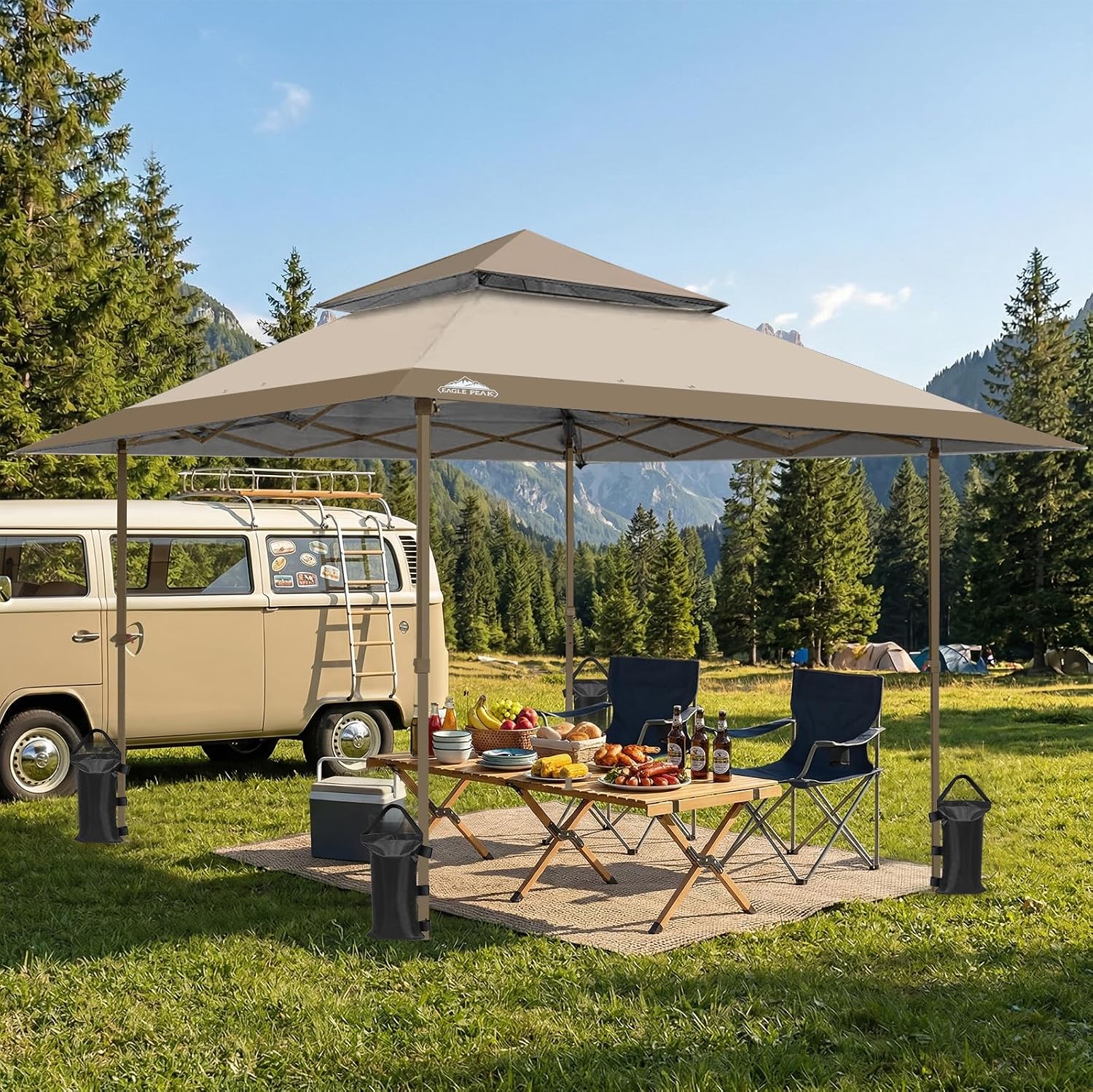 EAGLE PEAK 13x13 Straight Leg Pop Up Canopy Tent Instant Outdoor Canopy Easy Single Person Set up Folding Shelter w/Auto Extending Eaves 169 Square Feet of Shade (Beige)