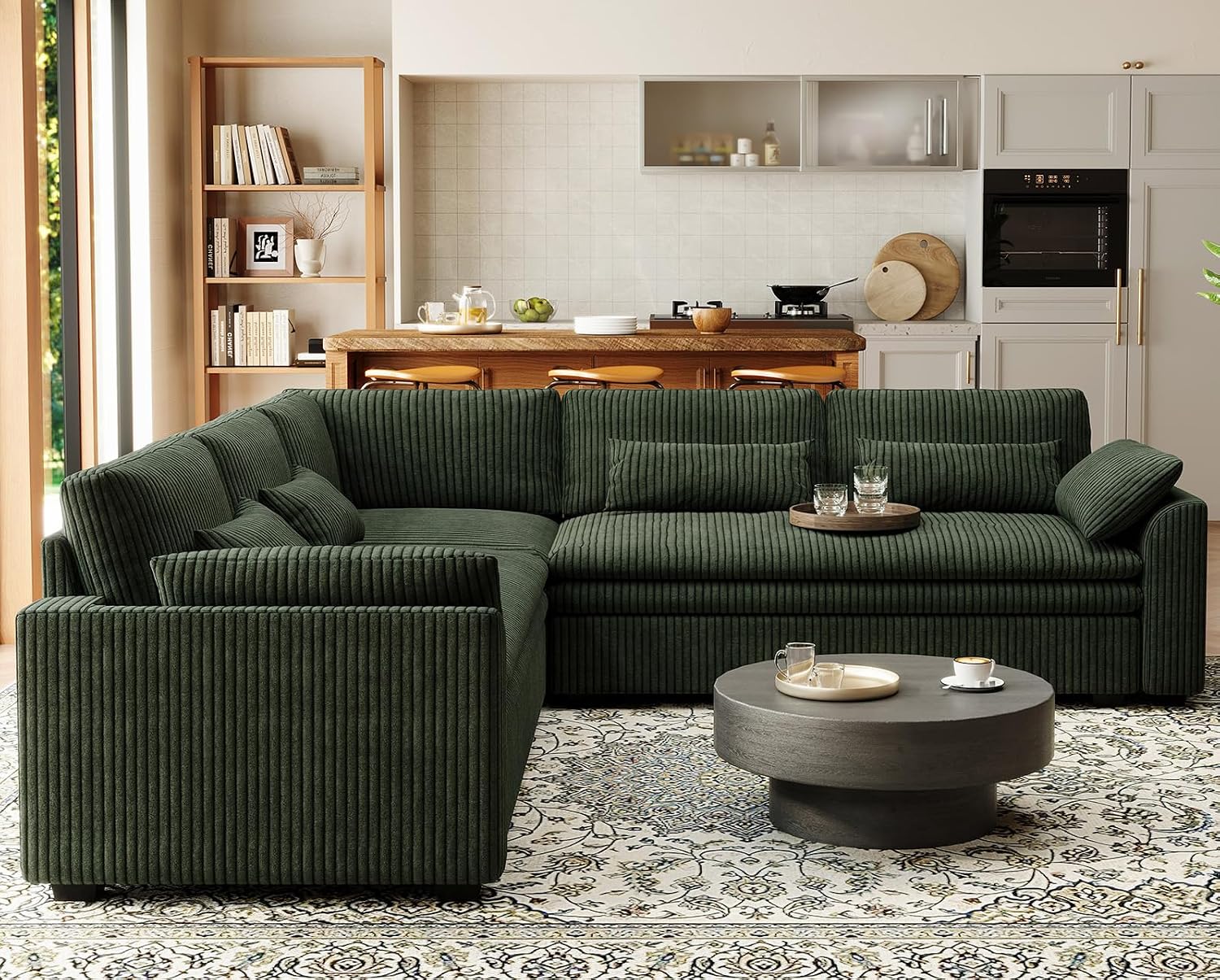 Belffin Large Modular Sectional Sofa with Double 61' Loveseat, Corduroy Corner Couch with 9' Soft Dual-Layer Seats Cushion for Living Room, Apartment, Small Sapce, Green