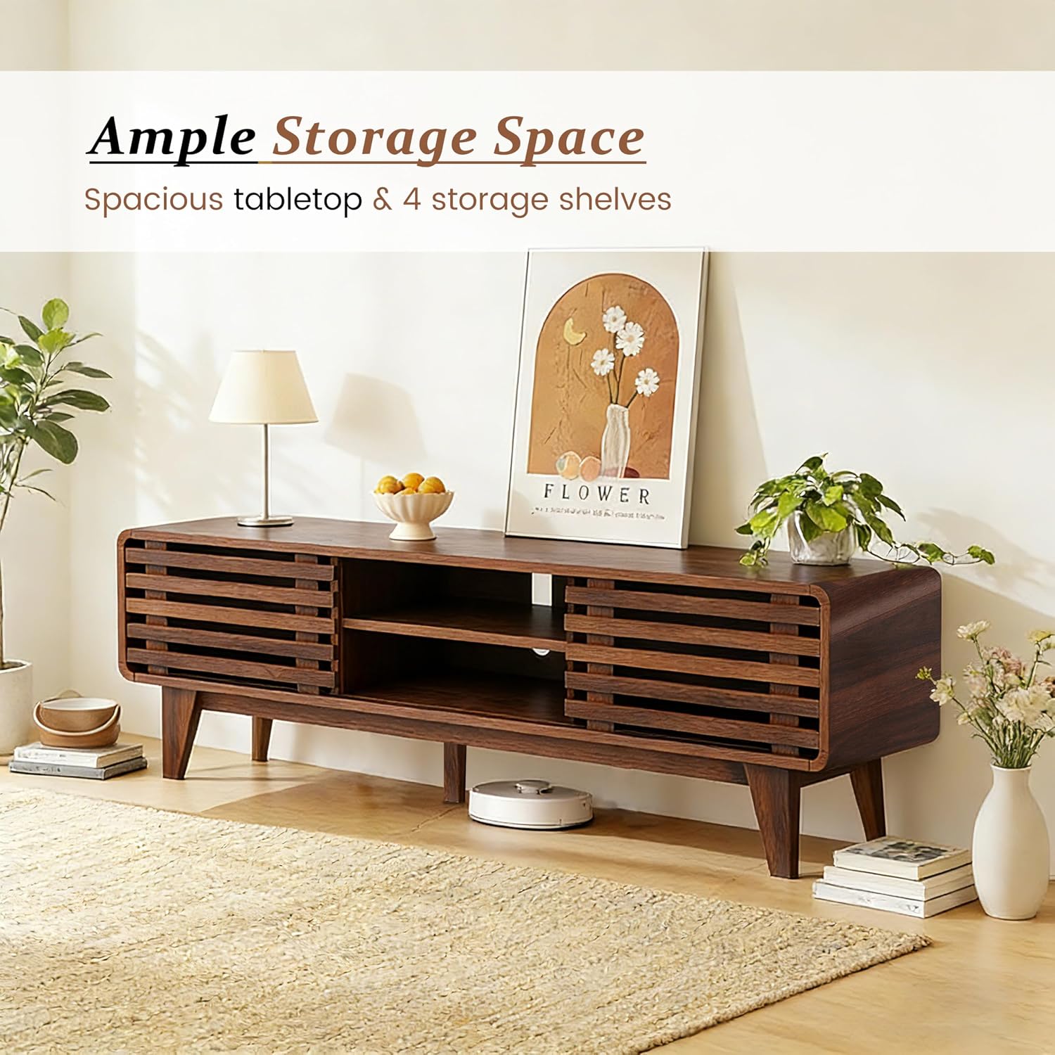 Luoxiao 55' Mid Century Modern TV Stand for 55 60 65 Inch TV, Walnut Media Console with Slatted Sliding Doors, Retro Wood Entertainment Center with Storage Shelves for Living Room, Bedroom