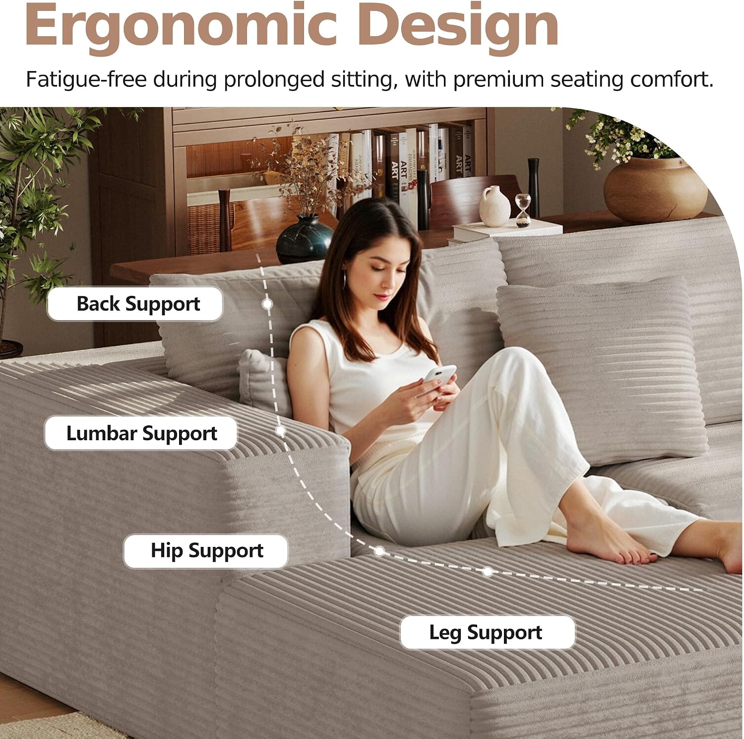 CHORRO108''Sectional Boneless Cloud Sofa,Modern Modular L-Shape Couch for Living Room,Corduroy Convertible Sponge Sleeper Sofas,Upholstered Lougne Chaise Couchs-with Soft Pillow(Camel,Left Chaise)
