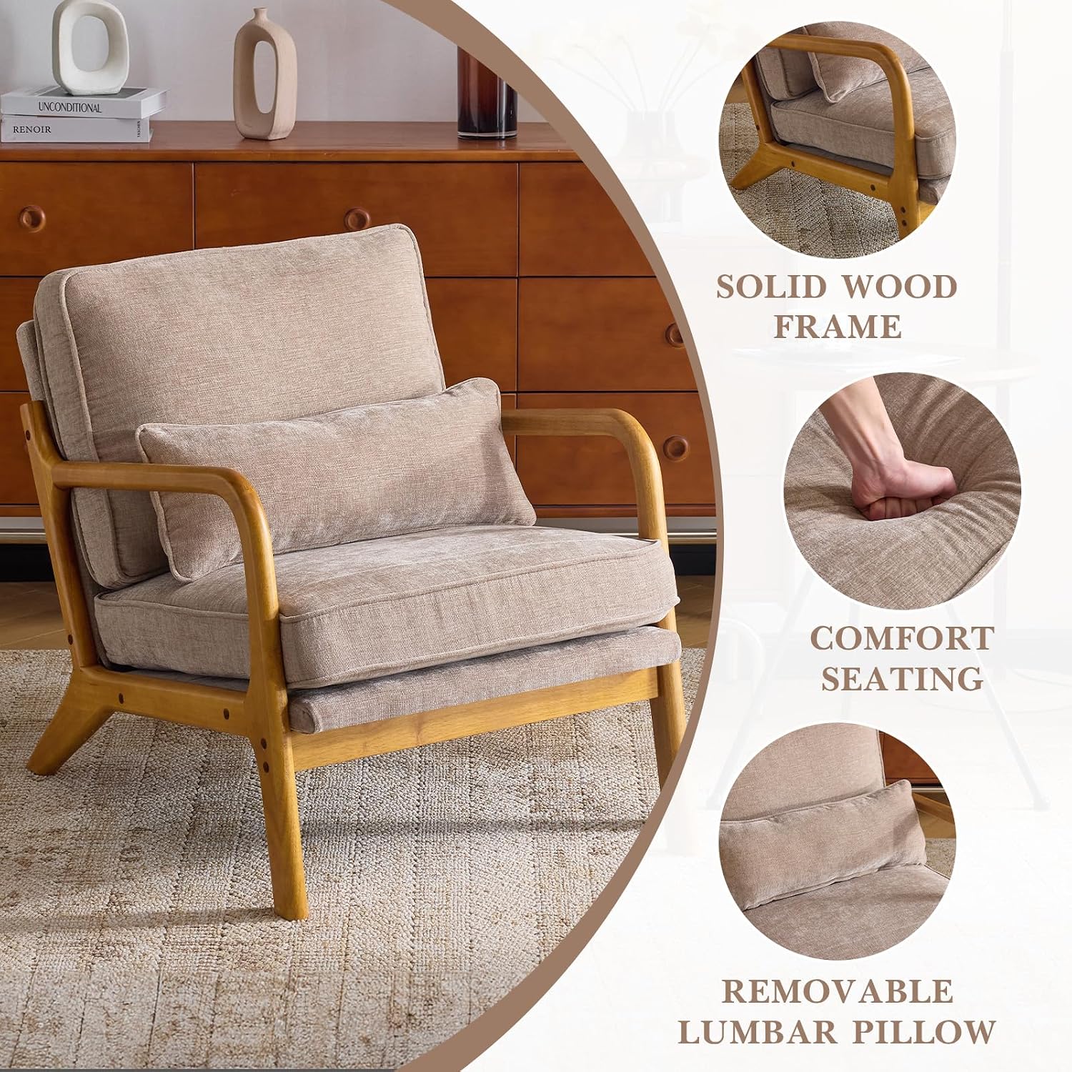 Karl home Mid Century Modern Accent Chair with Lumbar Pillow & Oak Arms – Plush Chenille Living Room Chair for Bedroom, Lounge (Khaki)