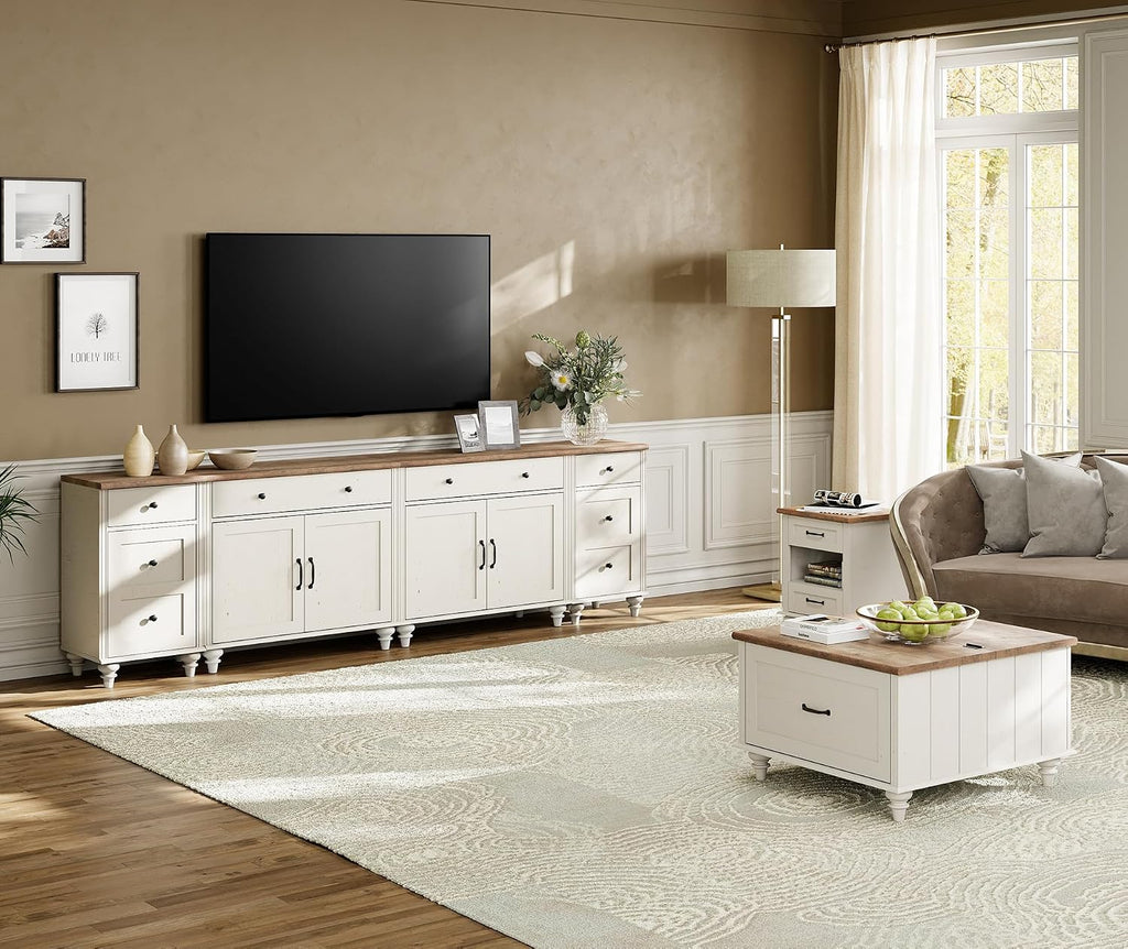 WAMPAT Farmhouse TV Stand for 100 Inch TV, 4-in-1 Wooden TV Console Table for 75/80/85/90 Inch TV, Entertainment Center with Charging Station, Kitchen Sideboard Buffet Cabinet for Dining Room, White