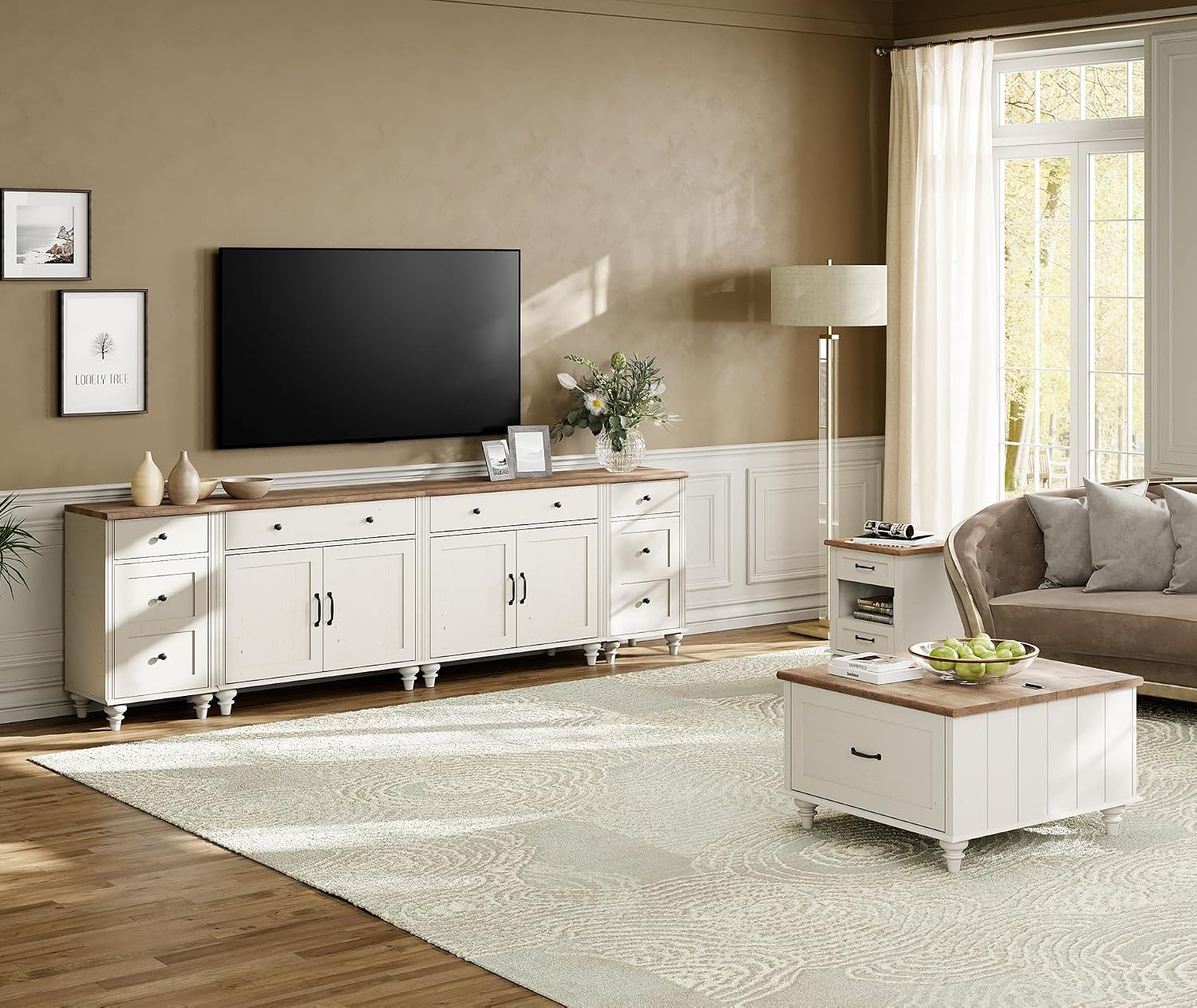 WAMPAT Farmhouse TV Stand for 100 Inch TV, 4-in-1 Wooden TV Console Table for 75/80/85/90 Inch TV, Entertainment Center with Charging Station, Kitchen Sideboard Buffet Cabinet for Dining Room, White