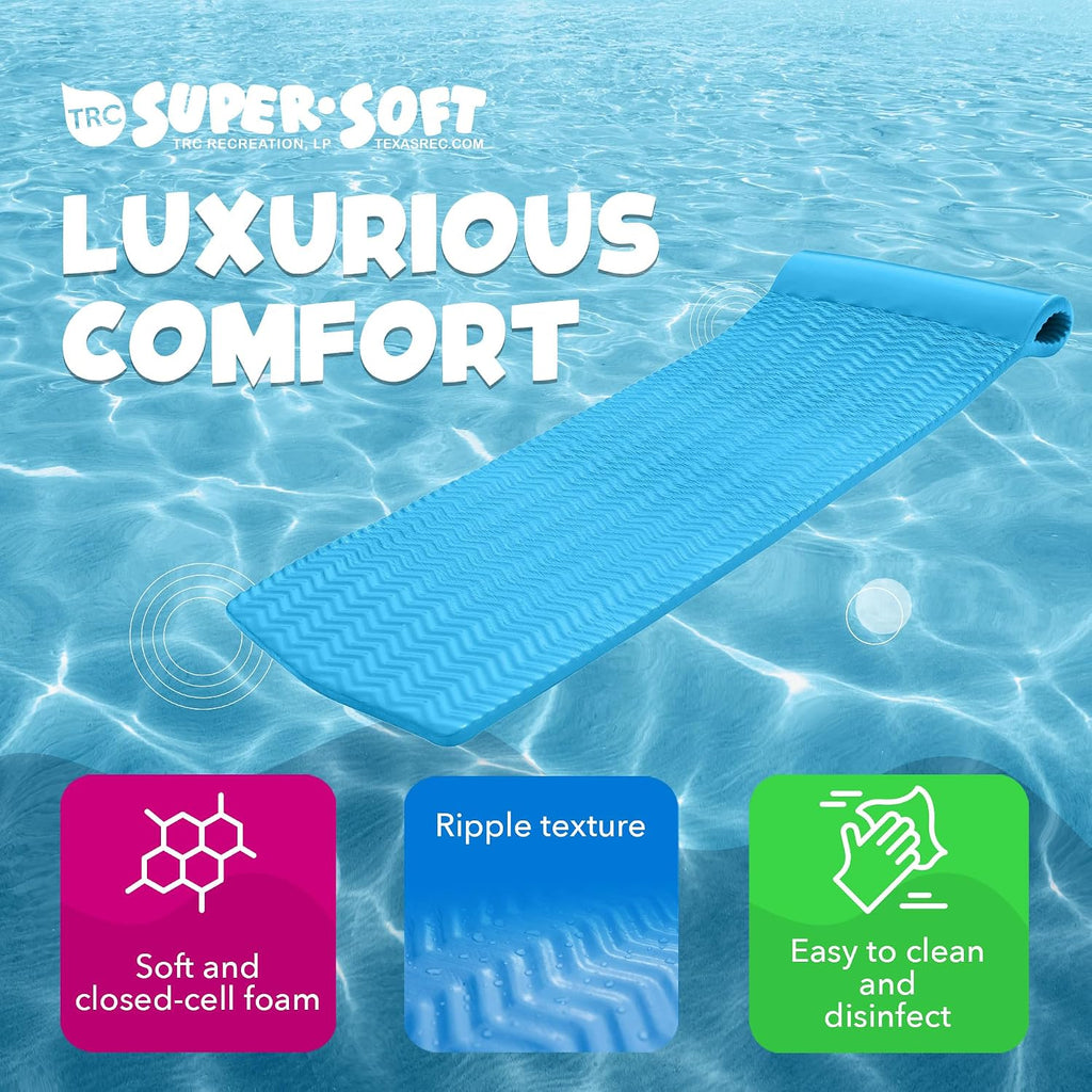 TRC Recreation Serenity 1.5' Thick Vinyl Coated Foam Swimming Pool Float Mat Adult Lounger with Built-in Roll Pillow
