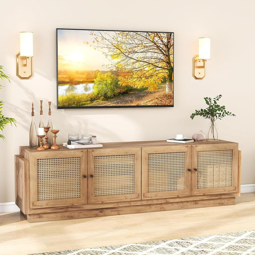 Giantex Farmhouse TV Stand for TVs up to 75', 4-Door PE Rattan Entertainment Center w/ 2 Cabinets, Adjustable Shelves, 8 Cable Holes, Mid Century Modern Media Console Table for Living Room, TV Cabinet