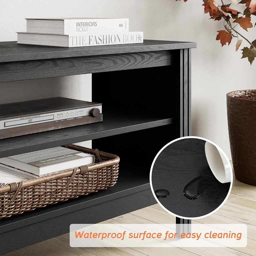 WAMPAT LED TV Stand for TVs up to 85 Inch, Black Entertainment Center for 85 90 100inch TV Console Table with 6 Cubby Storage for Living Room Bedroom