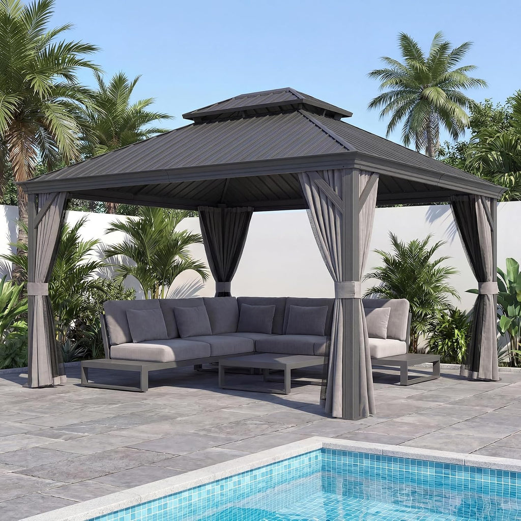 Domi 10x14 Outdoor Gazebo, Hardtop Gazebo with Aluminum Frame, Heavy Duty Pavilion Gazebo for Patio Deck Backyard, Curtain and Netting Included, Grey