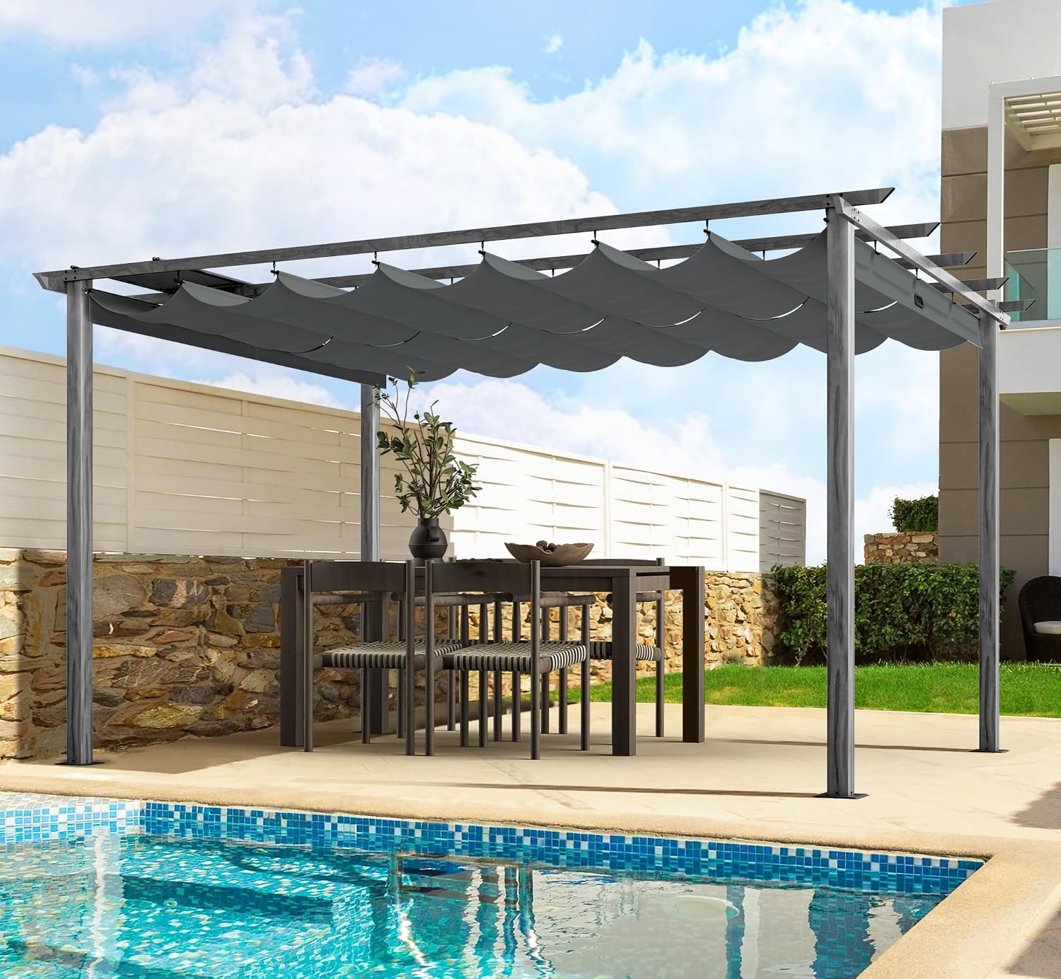 HAPPATIO 10' X 13' Wood-Grain Retractable Pergola with Sun Shade Canopy, Patio Aluminum Frame Shelter for Backyards, Gardens, Porch, Includes Ground Studs and Expansion Screws (Grey)