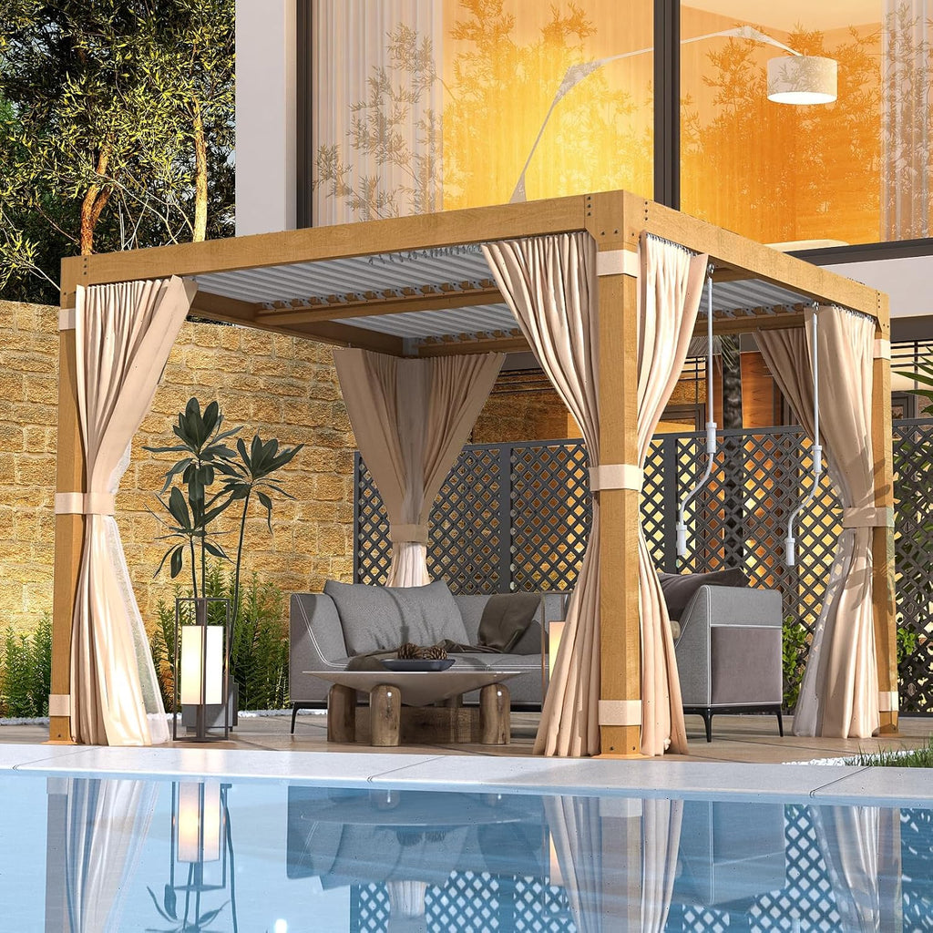 EROMMY Louvered Pergola 10x10, Outdoor Aluminum Pergola with Adjustable Rainproof Roof for Garden, Patio, Deck, Waterproof Curtains and Netting Included, Wood Grain