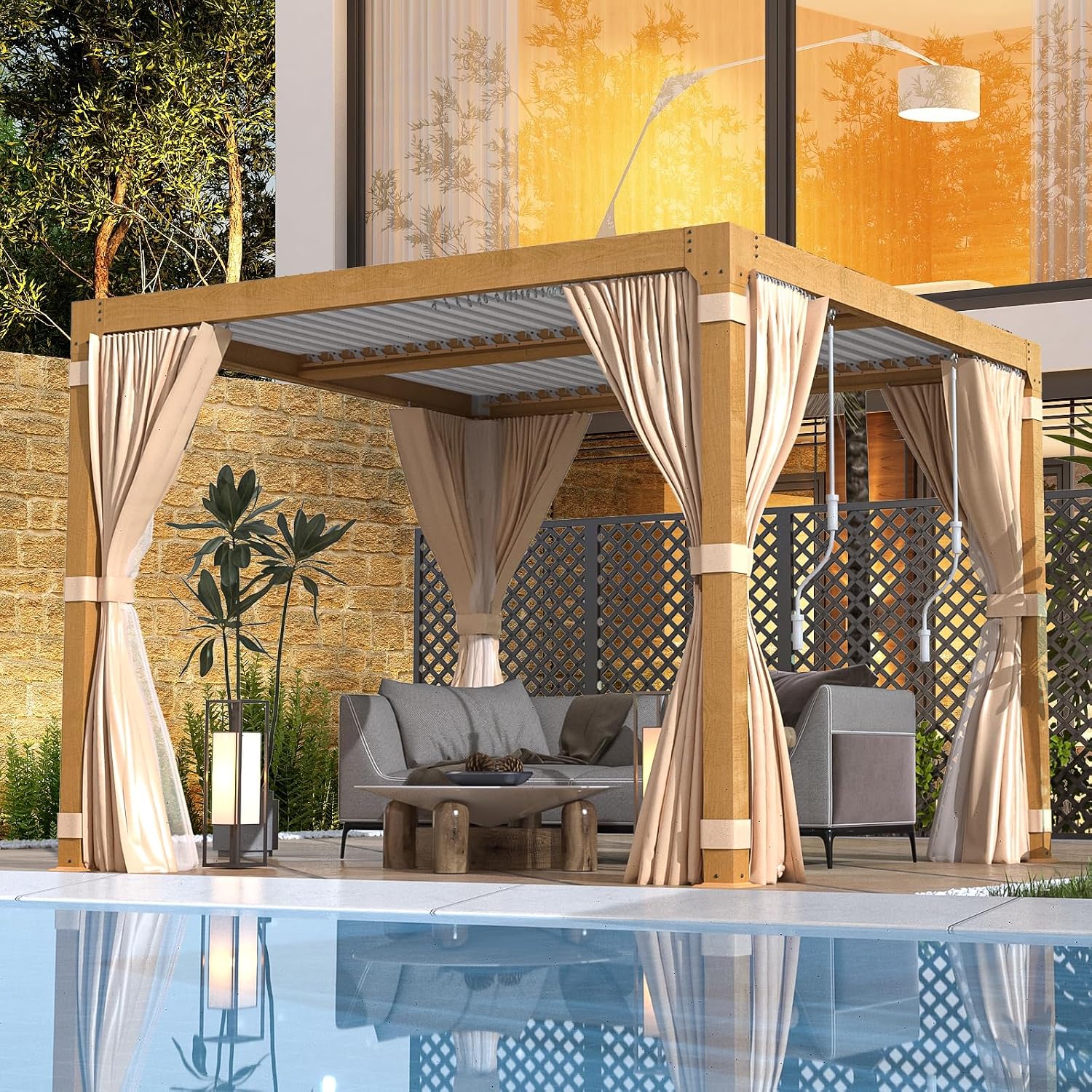 EROMMY Louvered Pergola 10x10, Outdoor Aluminum Pergola with Adjustable Rainproof Roof for Garden, Patio, Deck, Waterproof Curtains and Netting Included, Wood Grain