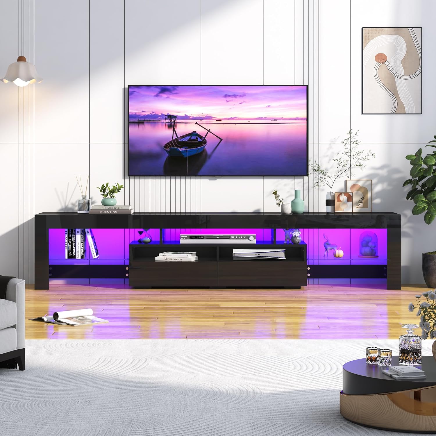 Uspeedy 86.6in TV Stands for 85/90/95 inch TV,Modern LED TV Stand for Living Room,Black TV Stands,High Gloss TV Entertainment Center with Storage Drawer,APP RGB Light