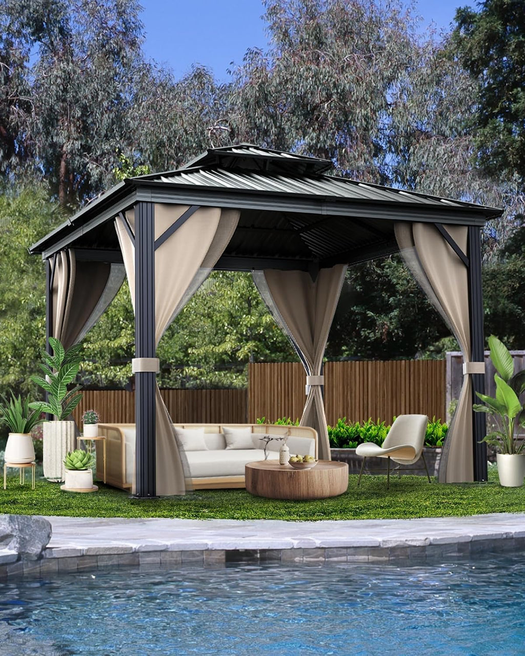 10'x10' Hardtop Gazebo - Heavy Duty Galvanized Steel Frame with Double Roof, Includes Netting & Curtains for Patio/Backyard (Brown)