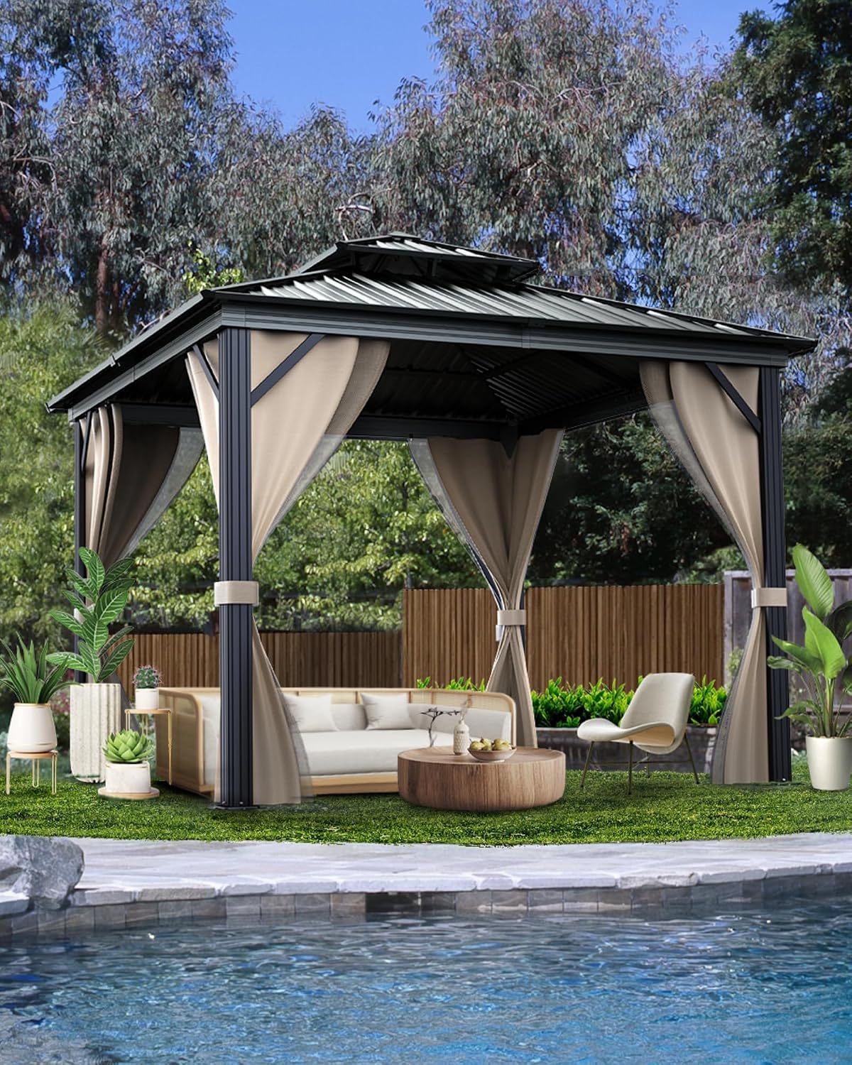10'x10' Hardtop Gazebo - Heavy Duty Galvanized Steel Frame with Double Roof, Includes Netting & Curtains for Patio/Backyard (Brown)