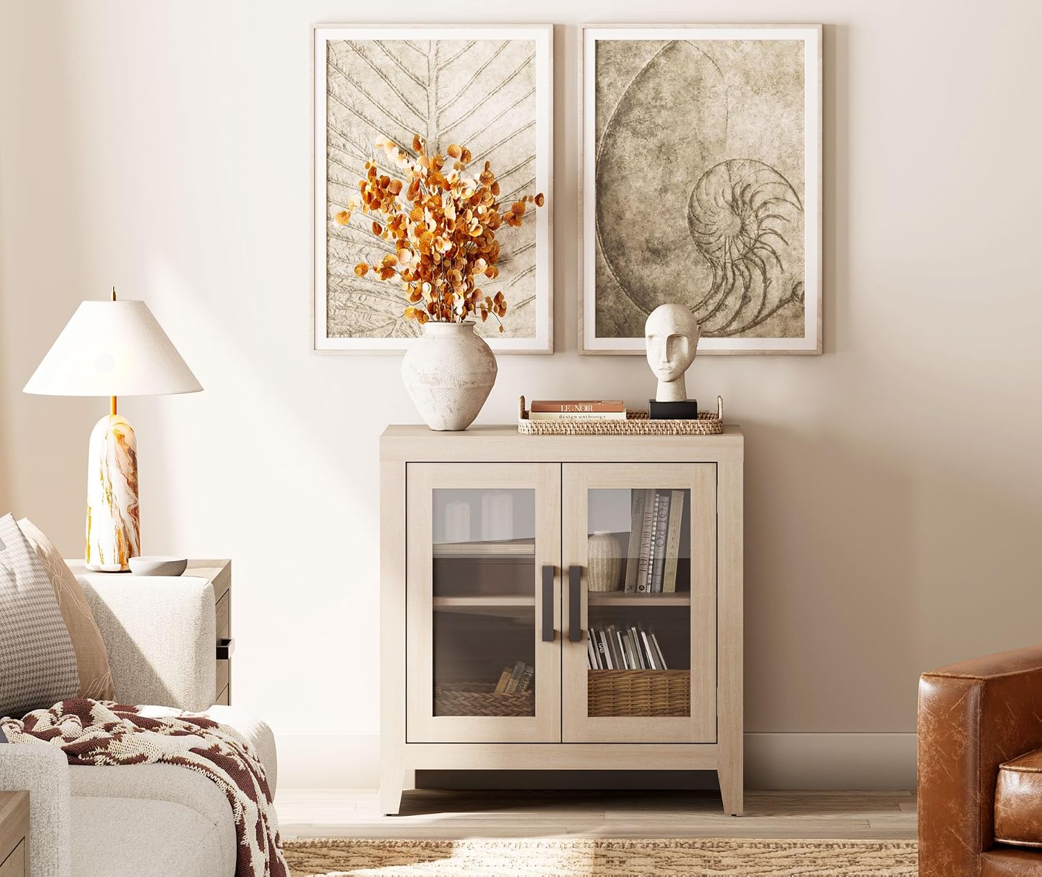 WAMPAT Farmhouse TV Stand for TVs up to 50', Rustic Wood Entertainment Center with Adjustable Shelf, Glass Doors & Storage, Media Console Cabinet for Living-Room, Bedroom, Beige