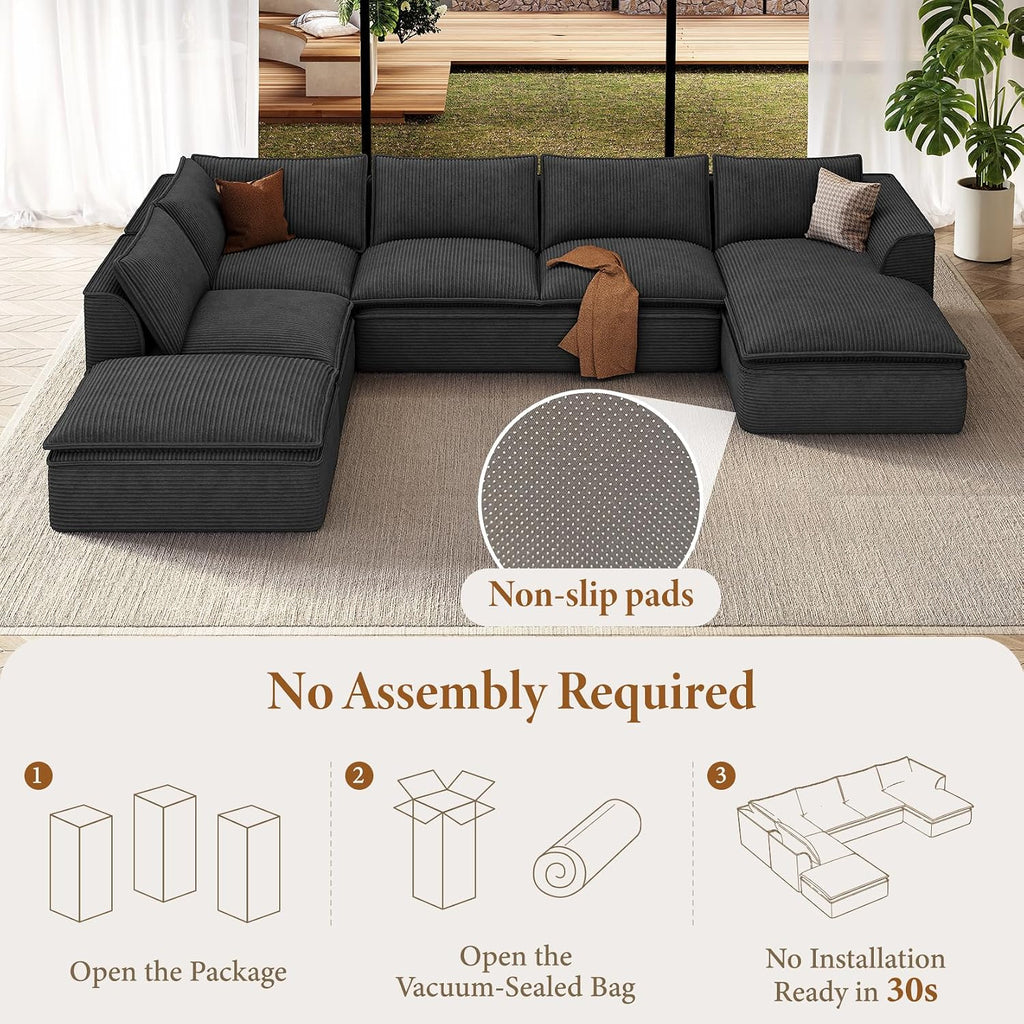 Vesgantti 141.7' Oversized Boneless Sectional Couch, Modern 7 Seater Modular Sofa with Chaise & Ottoman, Deep Seat Convertible Corduroy Cloud Couches for Living Room, No Assembly Required, Black