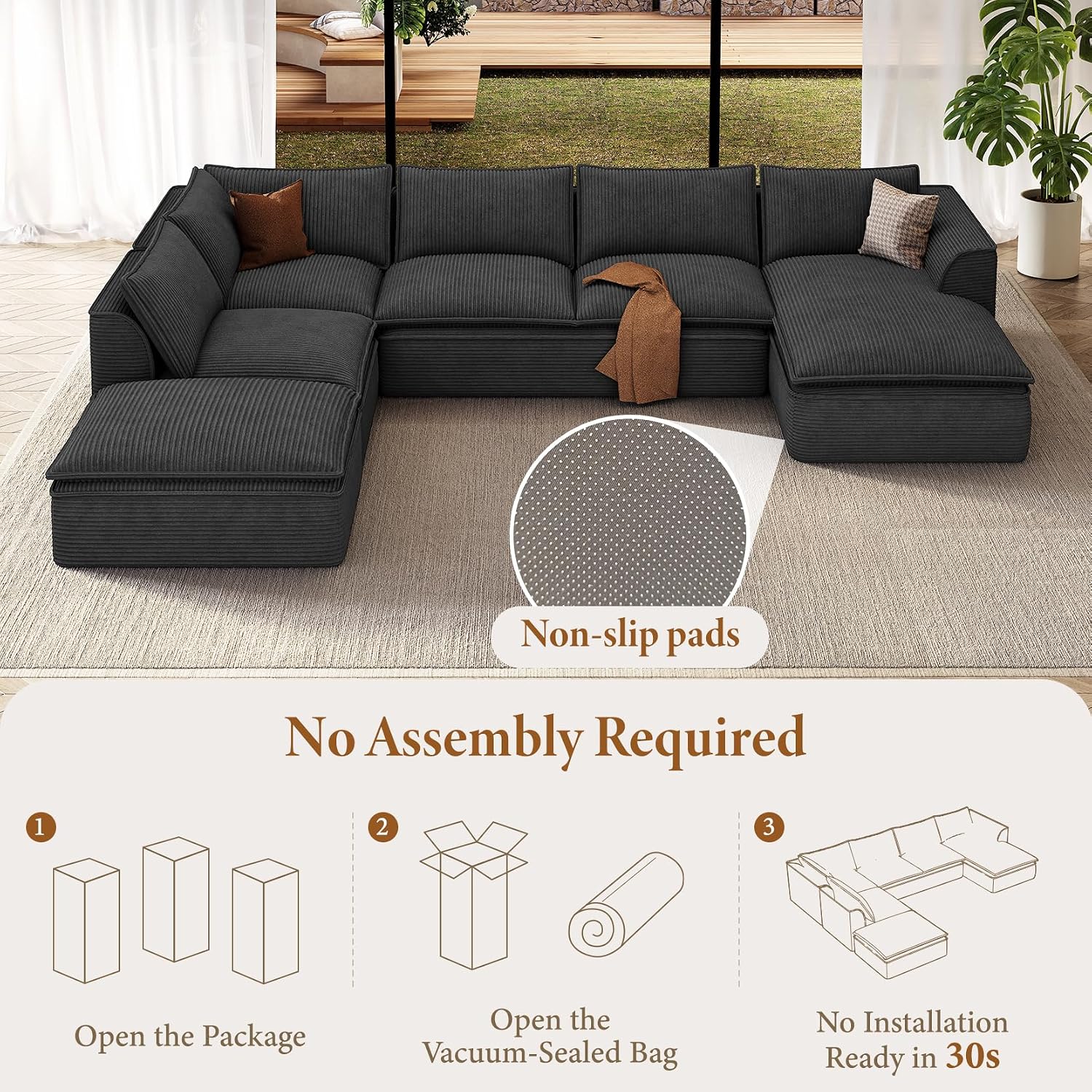 Vesgantti 141.7' Oversized Boneless Sectional Couch, Modern 7 Seater Modular Sofa with Chaise & Ottoman, Deep Seat Convertible Corduroy Cloud Couches for Living Room, No Assembly Required, Black