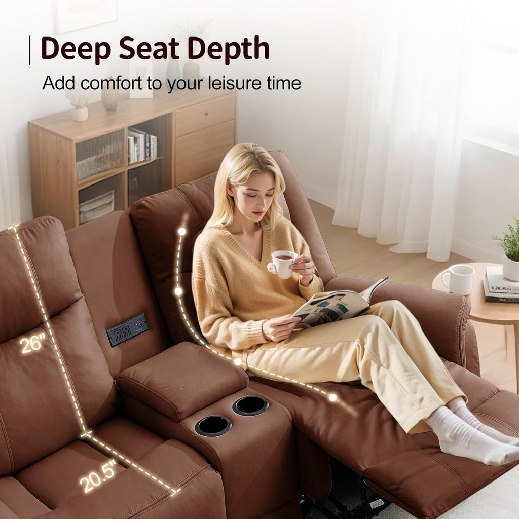 Korser Loveseat Recliner Sofa, Reclining Loveseat Couch, Reclining Couch with Console, USB Port, US Outlets, and Cup Holders, 2-Seater Sofa for Living Room