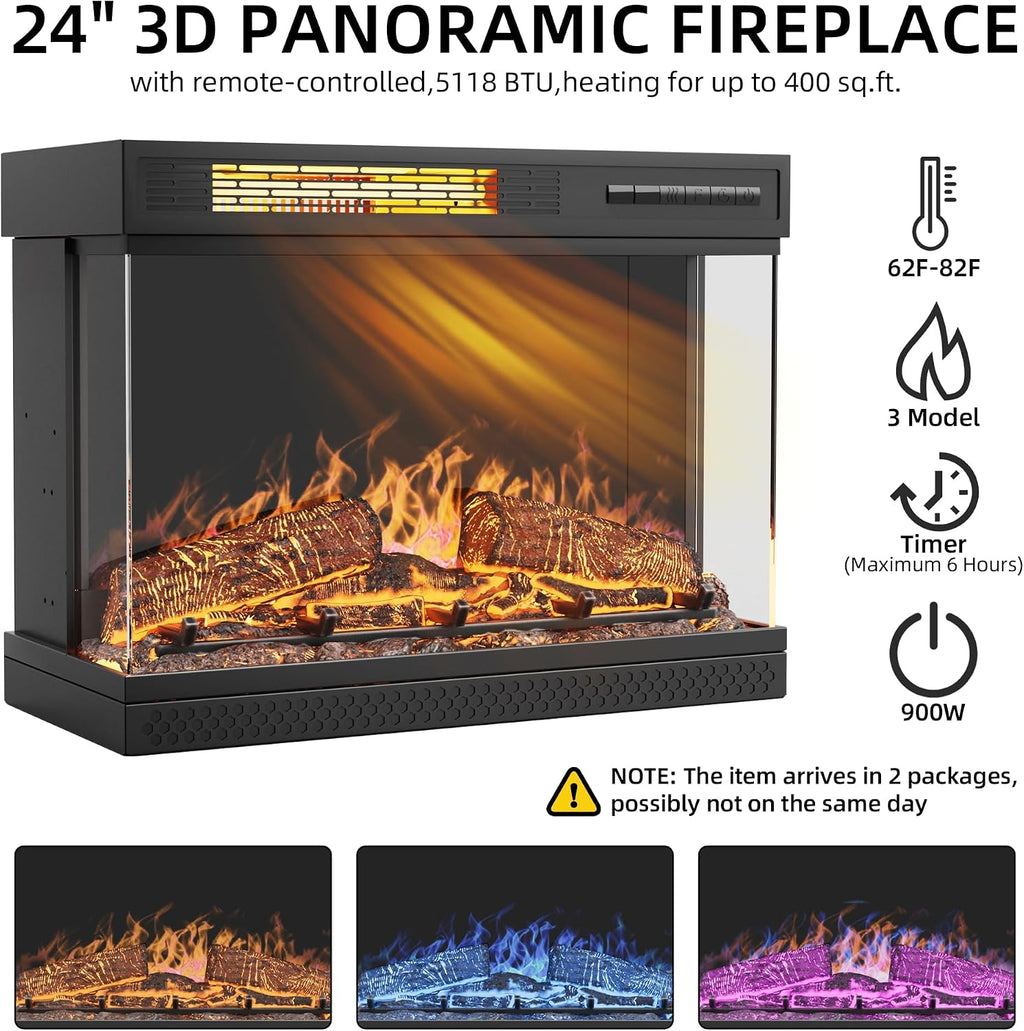 YESHOMY Glass Fireplace TV Stand for Televisions up to 65', Media Entertainment Center Console Table with Doors Closed Storage, Black