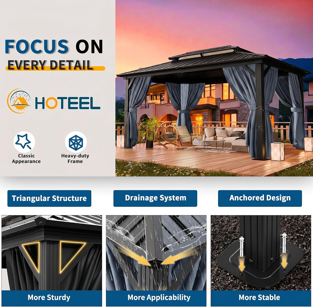 HOTEEL 10x12 Hardtop Gazebo on Clearance with Heavy Duty Galvanized Steel Double Metal roof,Aluminum Frame,Patio Hard Top Screened in Gazebo with Curtains,Outdoor Permanent Pavillon for Backyard,Gray