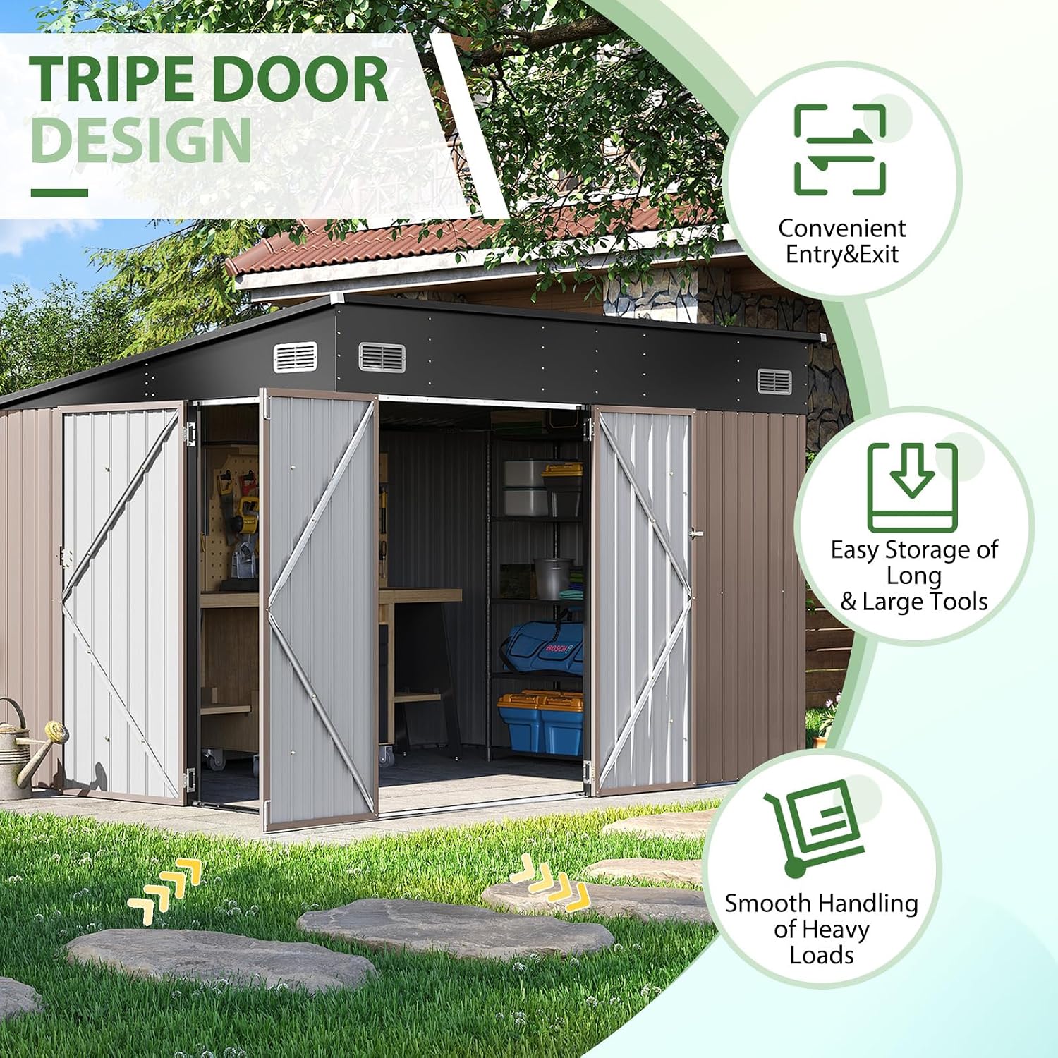 9.5' x 7.5' Outdoor Metal Storage Shed with Sloping Roof & Triple Lockable Doors for Tools, Bicycles, Garden & Patio (Brown)