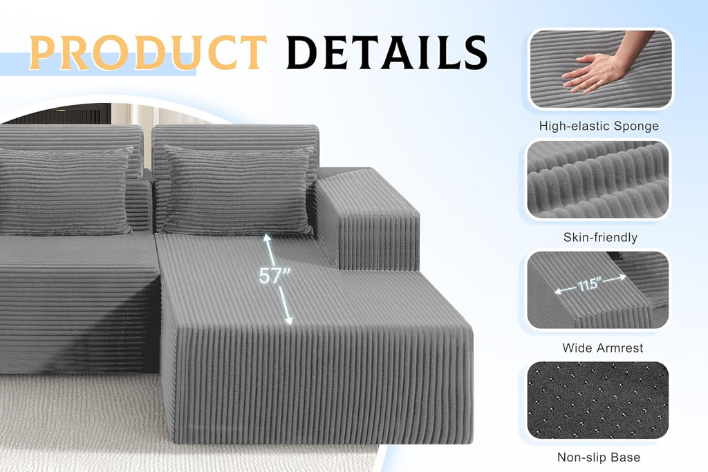 Homguava Modular Sectional Couches for Living Room,105' Cloud Couch with L-Shape Chaise,Comfy Sofa Living Room Sofas with Deep Seat,No Assembly L Couch,Corduroy Fabric(Light Grey,R)