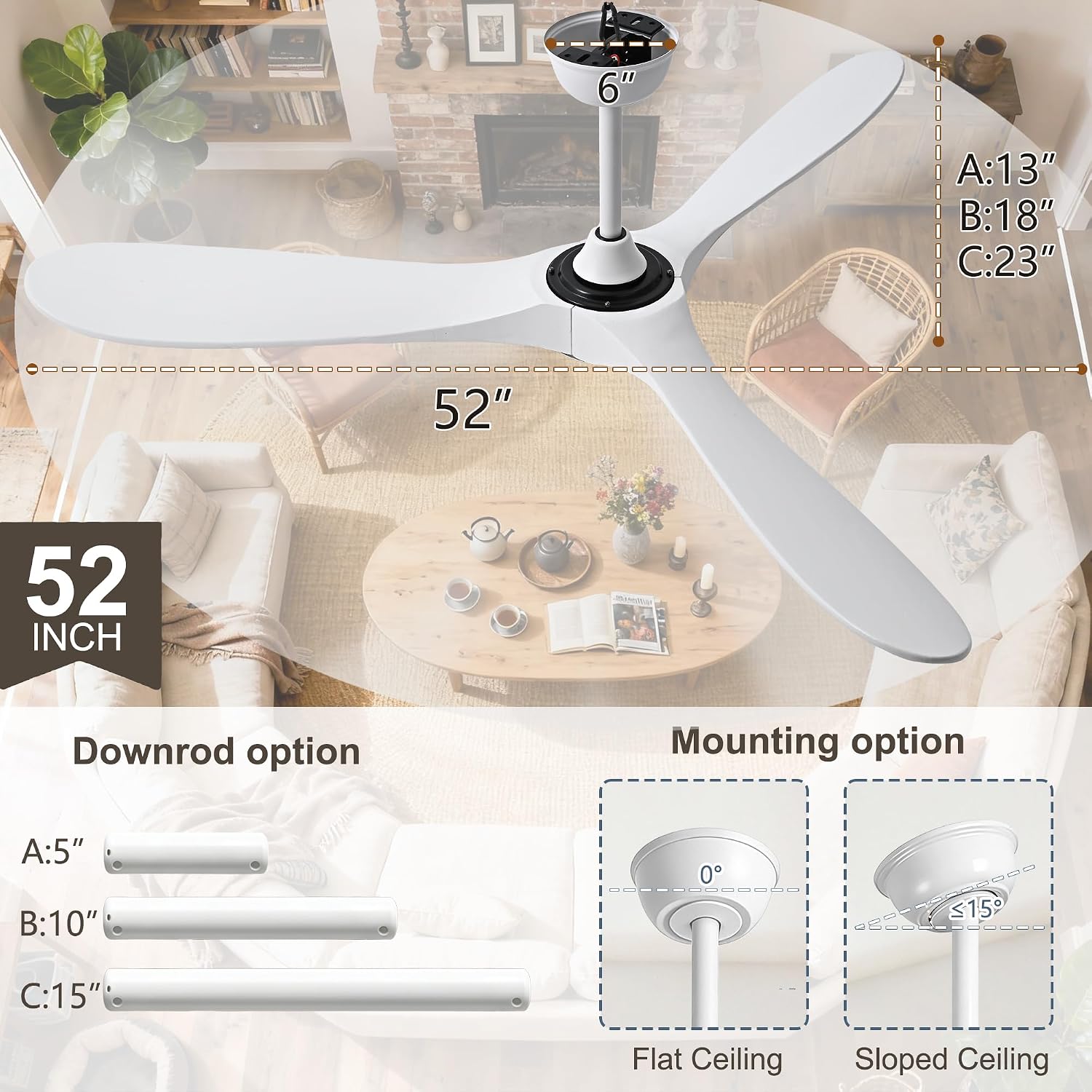 52 Inch White Ceiling Fan No Light, 3 Blade Wood Outdoor Ceiling Fans for Patios Gazebo Porch Living Room, Reversible Modern Wet Rated Indoor Ceiling Fan without Lights with Remote