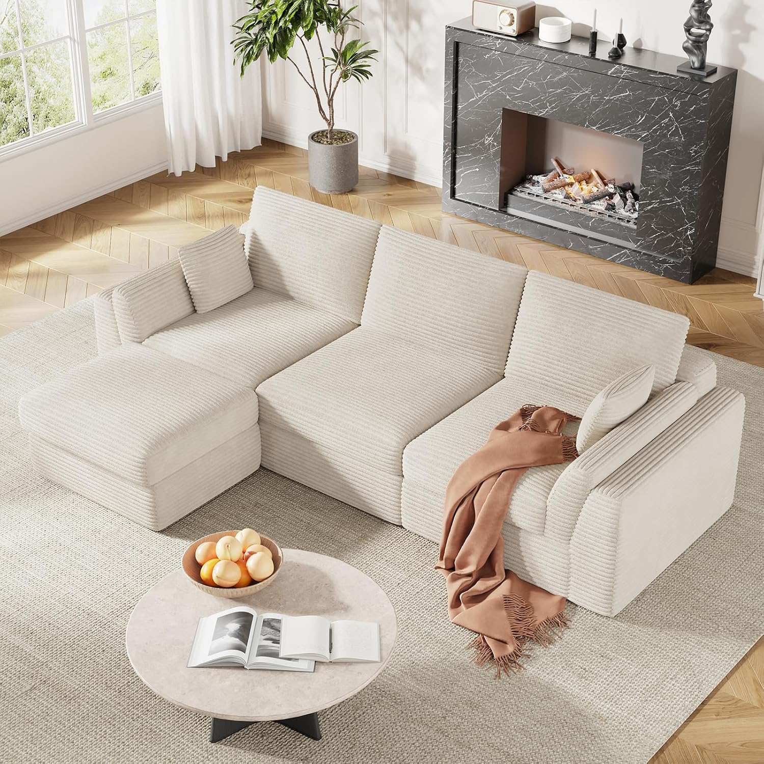 Vabches 106.6' Modular Sectional Sofa with Chaise, Comfy Cloud Sectional Couch, Modern L-Shape Corduroy Sofa with Deep Seat, Upholstered Couches for Living Room Bedroom,No Assembly Required (Beige)