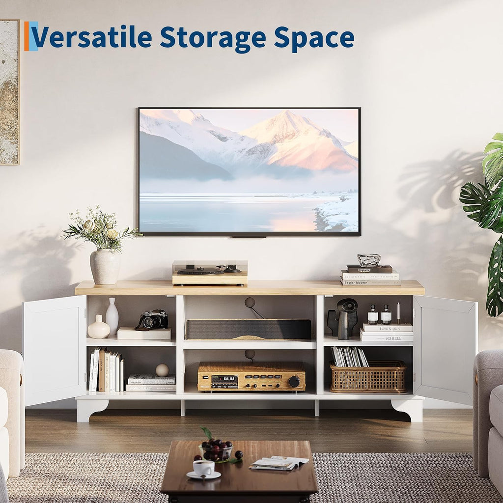 GarveeHome Rattan TV Stand for 65 in TV, Boho Entertainment Center with Cabinets & Open Shelves, Wooden Media Console Table for Living Room, White