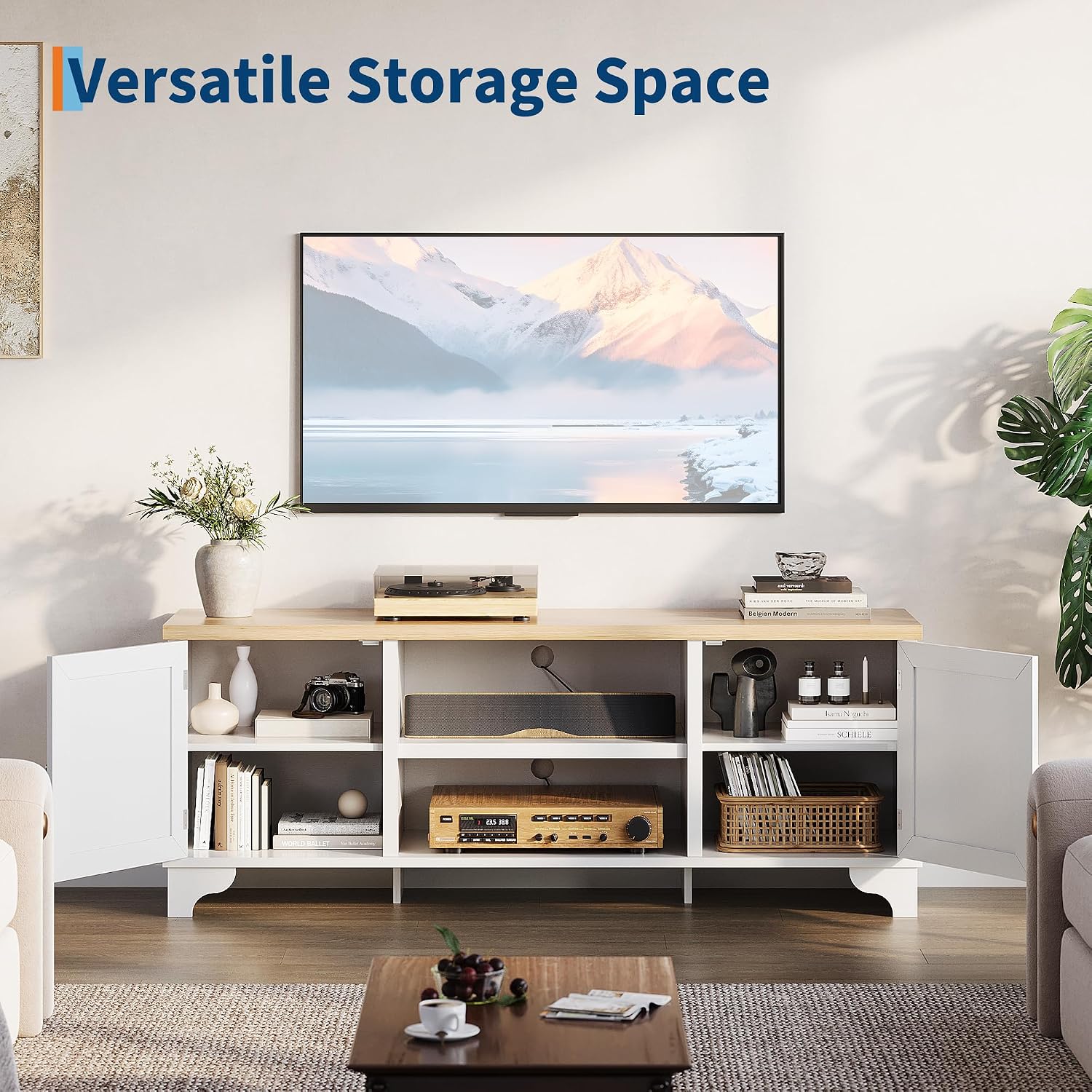 GarveeHome Rattan TV Stand for 65 in TV, Boho Entertainment Center with Cabinets & Open Shelves, Wooden Media Console Table for Living Room, White