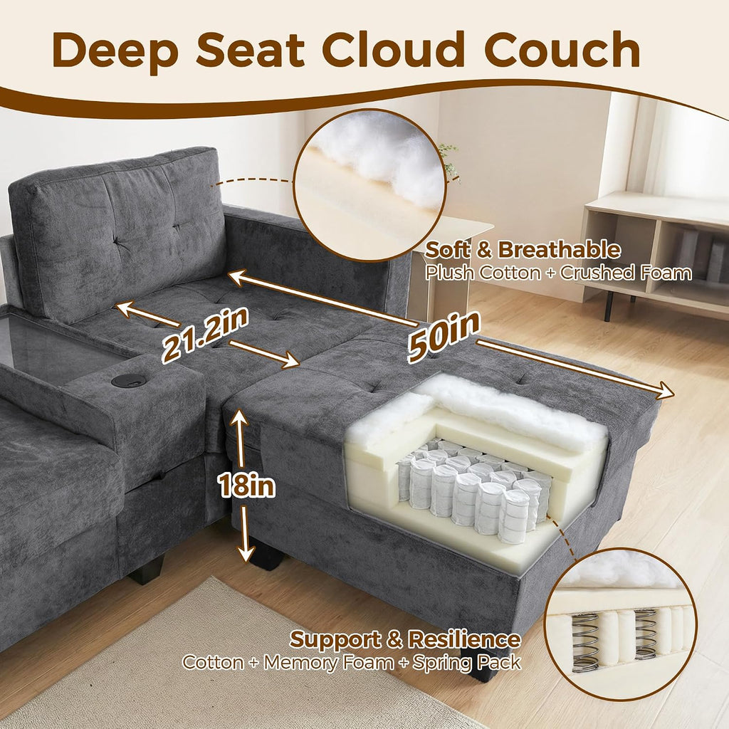 103'' Modular Sectional Sofa couch with 2 Acrylic Consoles, Oversized U Shaped Couch with USB Charger, Storage Drawers,Pockets and Movable Ottoman, Chenille Sectional Couches for Living Room ,Gray