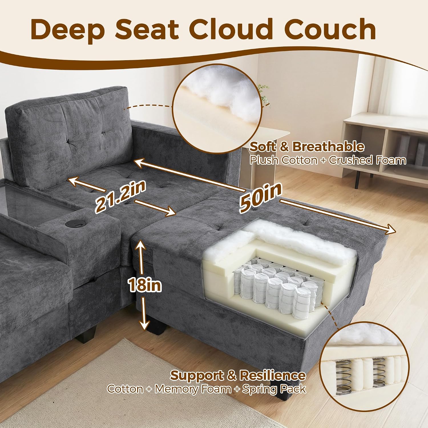 103'' Modular Sectional Sofa couch with 2 Acrylic Consoles, Oversized U Shaped Couch with USB Charger, Storage Drawers,Pockets and Movable Ottoman, Chenille Sectional Couches for Living Room ,Gray