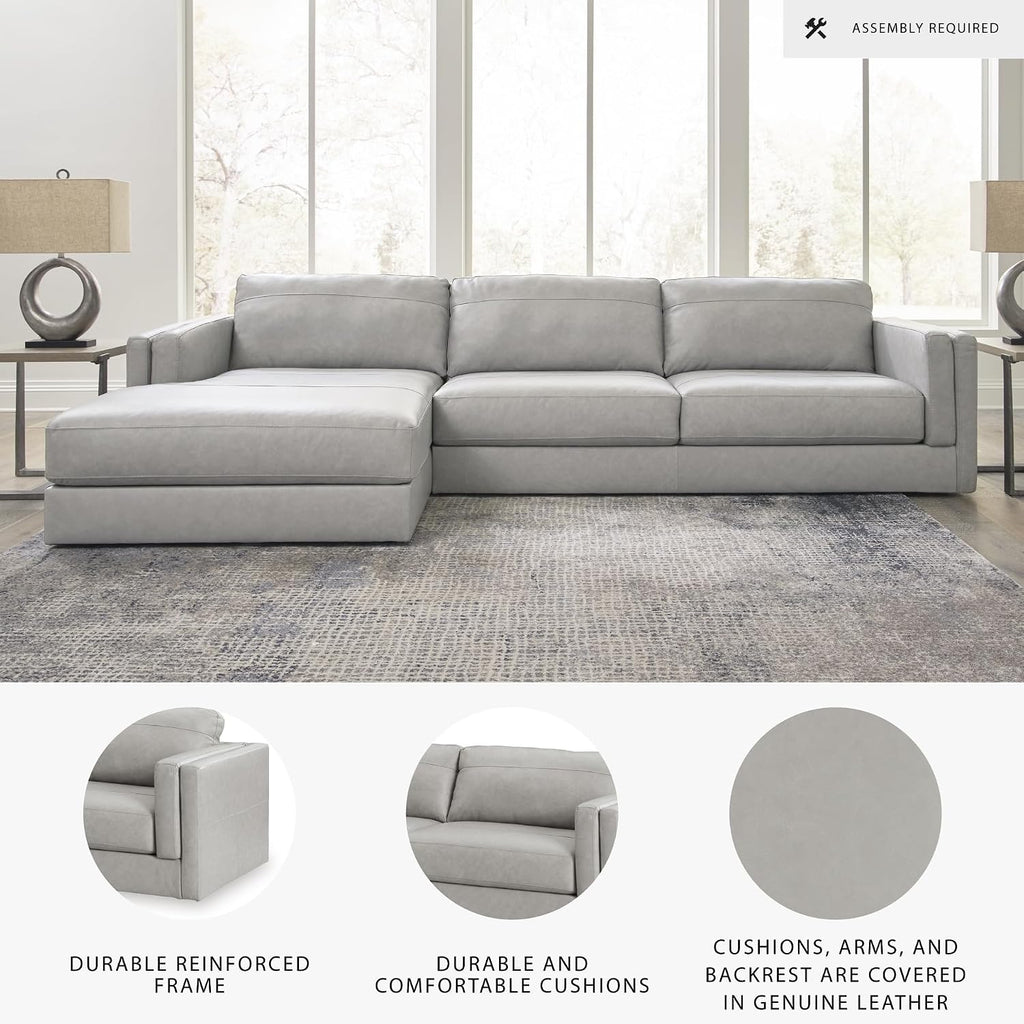 Signature Design by Ashley Amiata Modern L-Shaped Left-Arm Facing Leather Match 2-Piece Sectional with Chaise, Light Gray