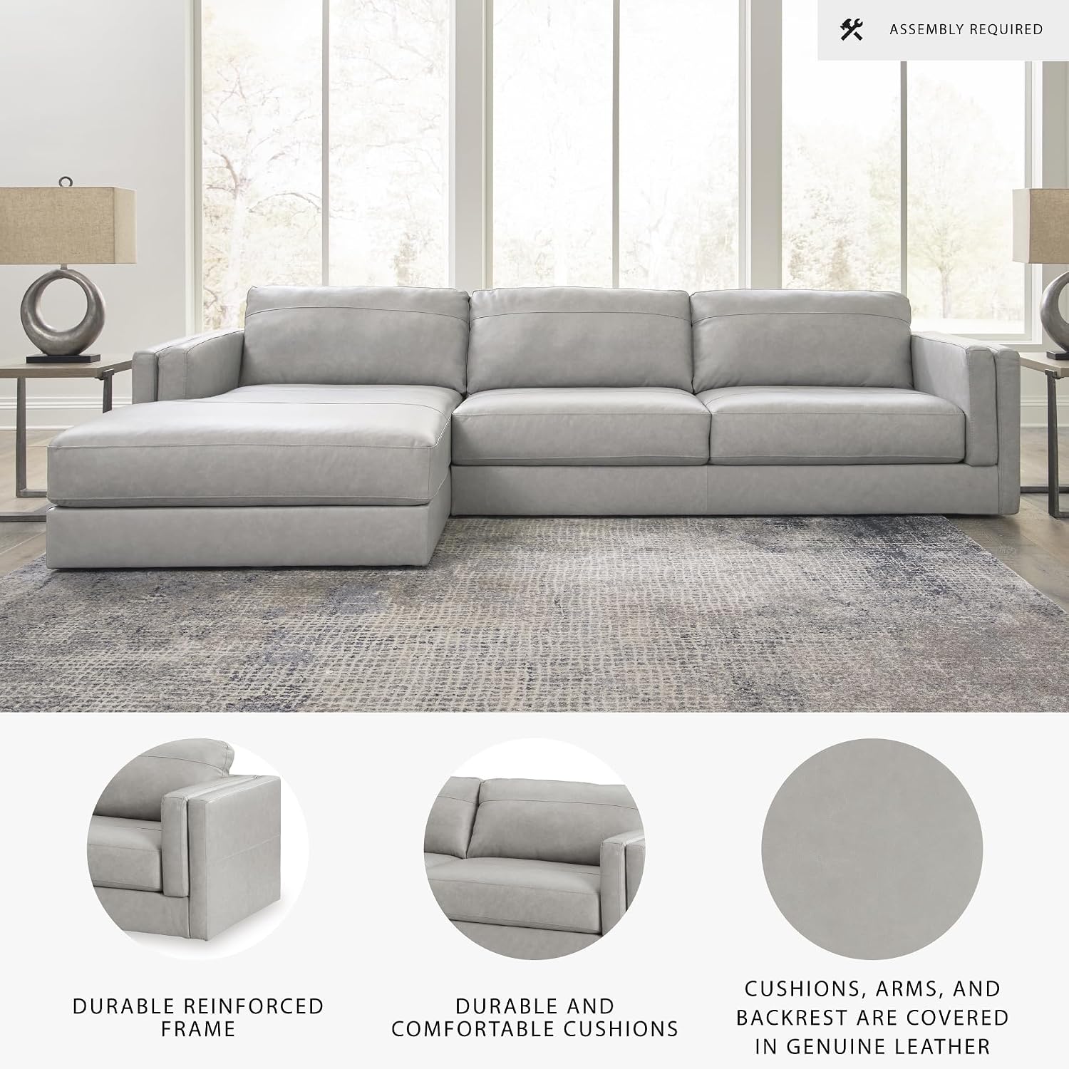 Signature Design by Ashley Amiata Modern L-Shaped Left-Arm Facing Leather Match 2-Piece Sectional with Chaise, Light Gray