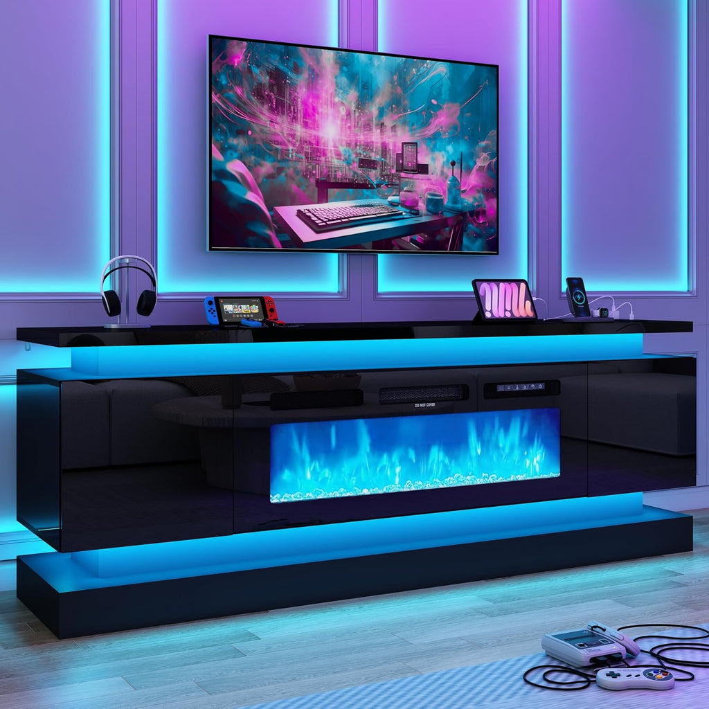 chartustriable 71IN LED TV Stands w/40 inch Fireplace Power Outlet for 85/80/75 Inch TVs,High Glossy Modern TV Media Console Gaming with 2 Storage Cabinets,Dual LED Lights,Black