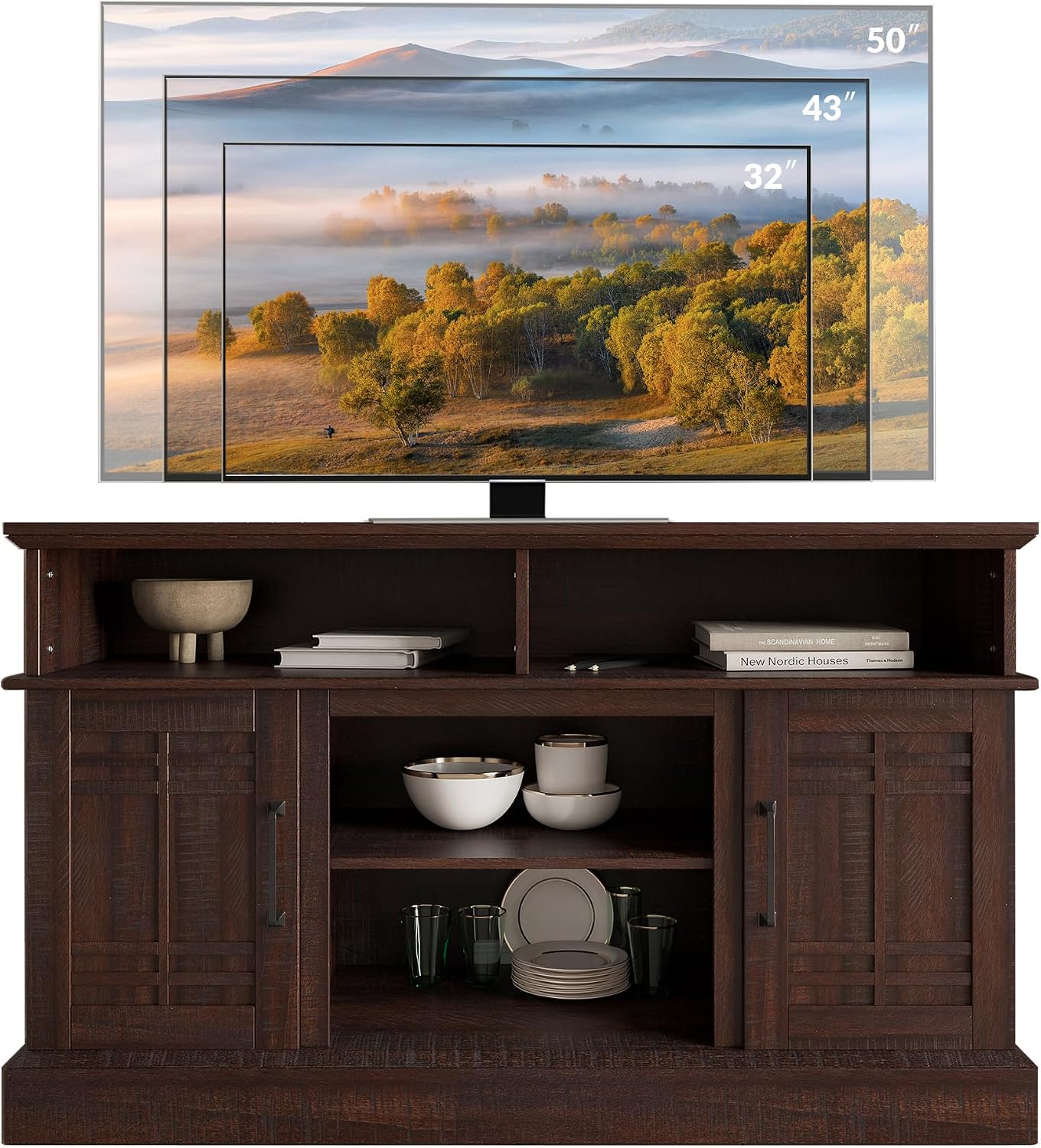 BELLEZE Modern 48' Farmhouse Wood TV Stand & Media Entertainment Center Console Table for TVs up to 50 Inch with Open Storage Shelves & Cabinets - Norrell (Espresso)