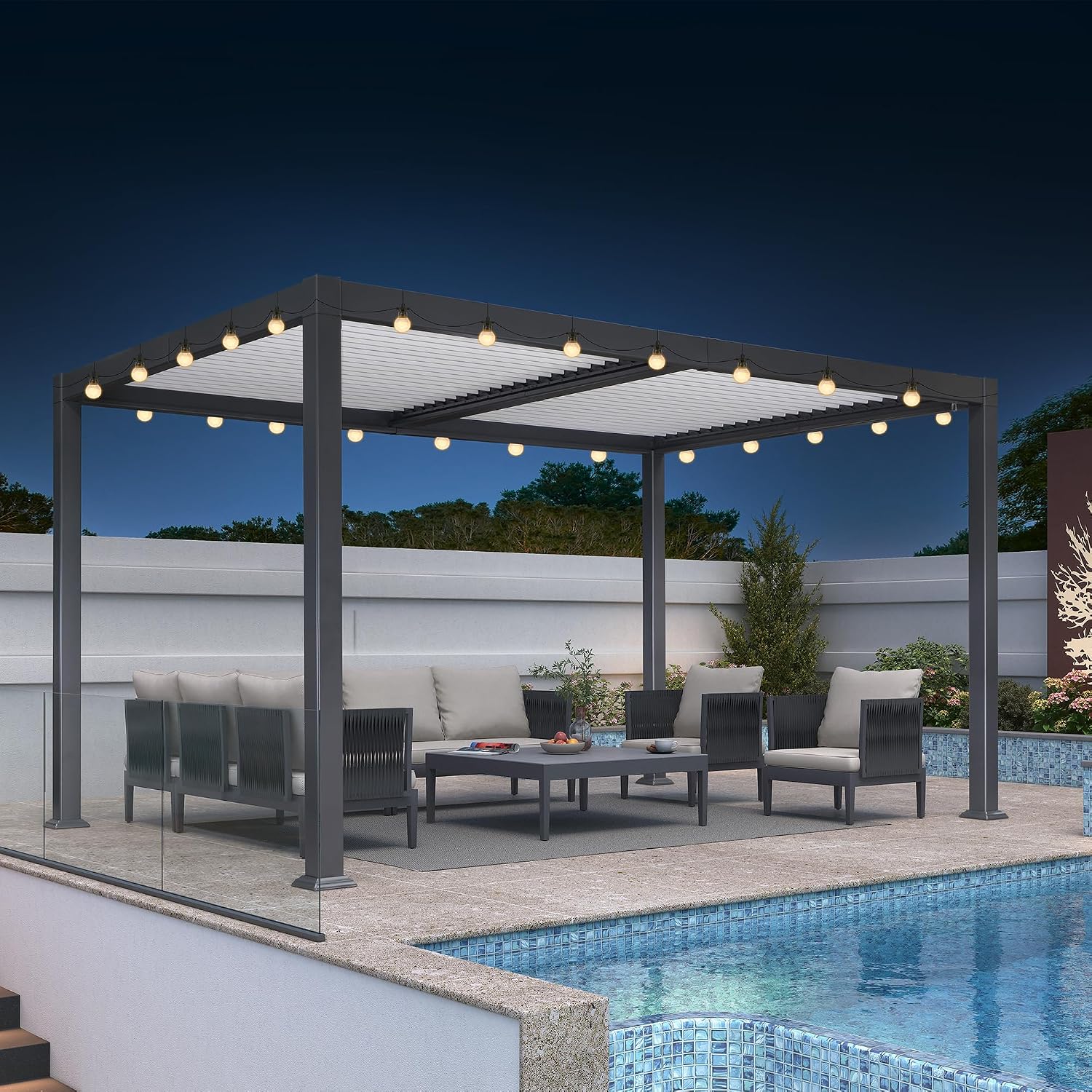 PURPLE LEAF Louvered Pergola 10' x 14' Patio Aluminum Pergola with White Adjustable Rainproof Roof Grey Frame Hardtop Gazebo for Outside Deck Backyard