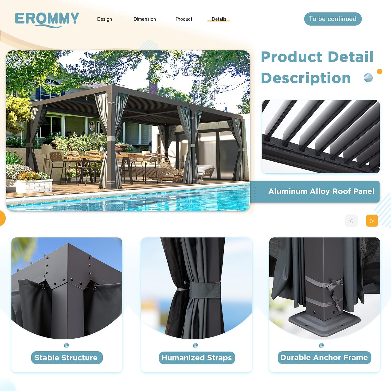 EROMMY 10x20FT Louvered Pergola Outdoor Sun Shade Shelter with Aluminum Frame and Adjustable Metal Rainproof Roof for Garden & Patio, Curtains and Netting Included, Gray-Black