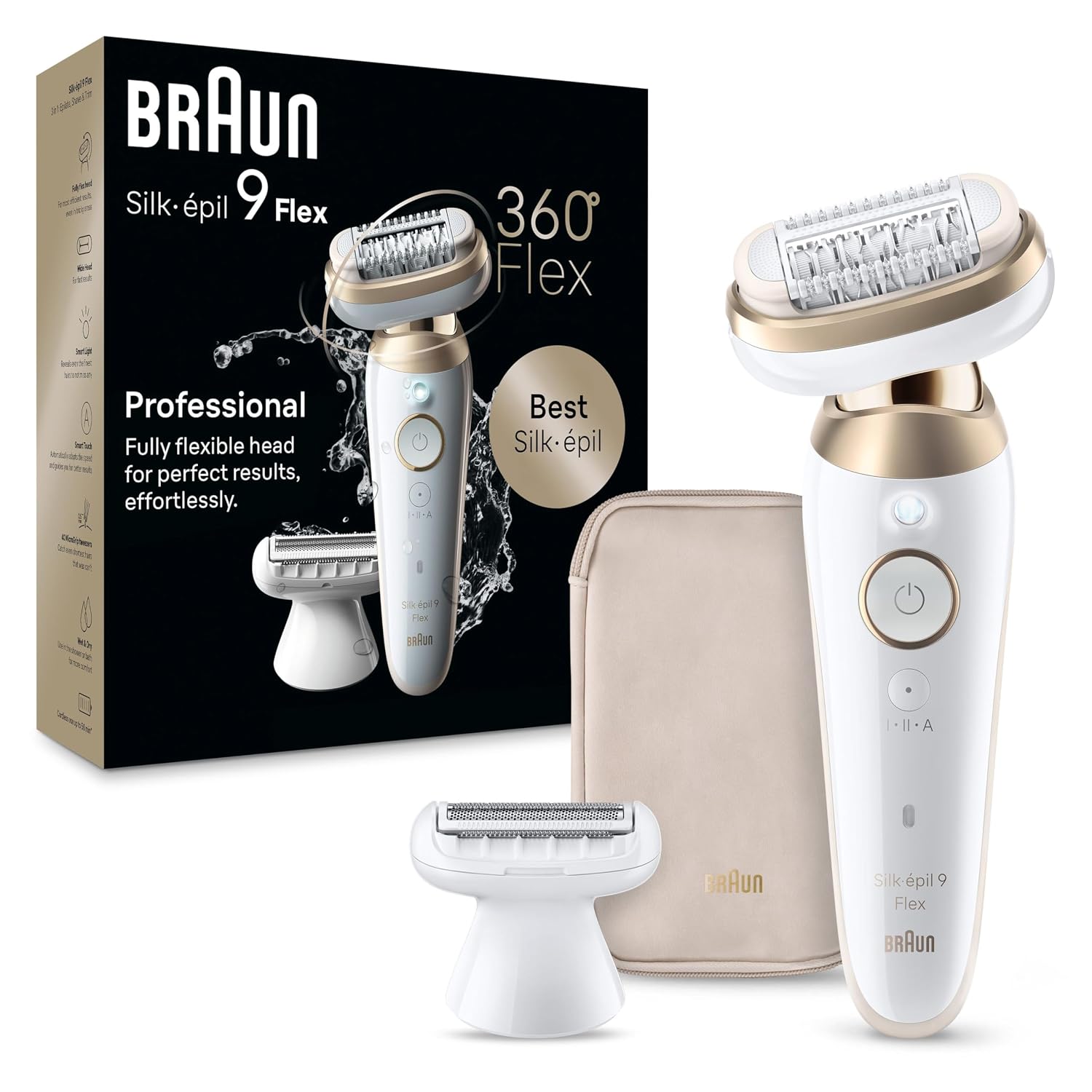 Braun Silk-épil 9 Flex Epilator, 360 Flex and Pivoting Head, Wet and Dry, Includes Shaver Head, Trimmer Comb, SES9-041 3D, Tinted Gold