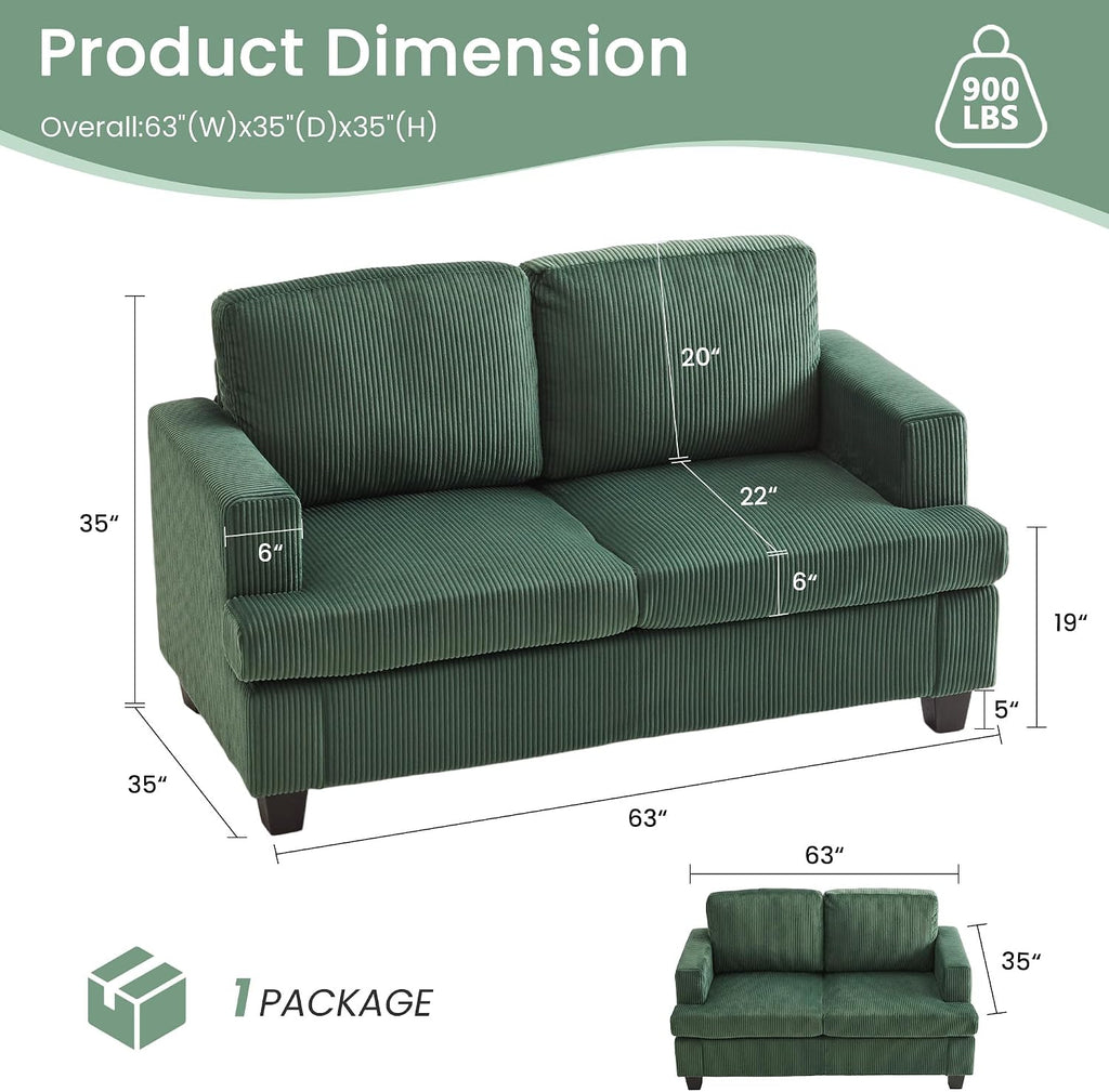 YOUDENOVA 2 Piece Set Comfy Sofa Couch, 3 Seater & Loveseat Sofa with Deep Seats, Modern Sleeper Couch for Living Room, Green Corduroy