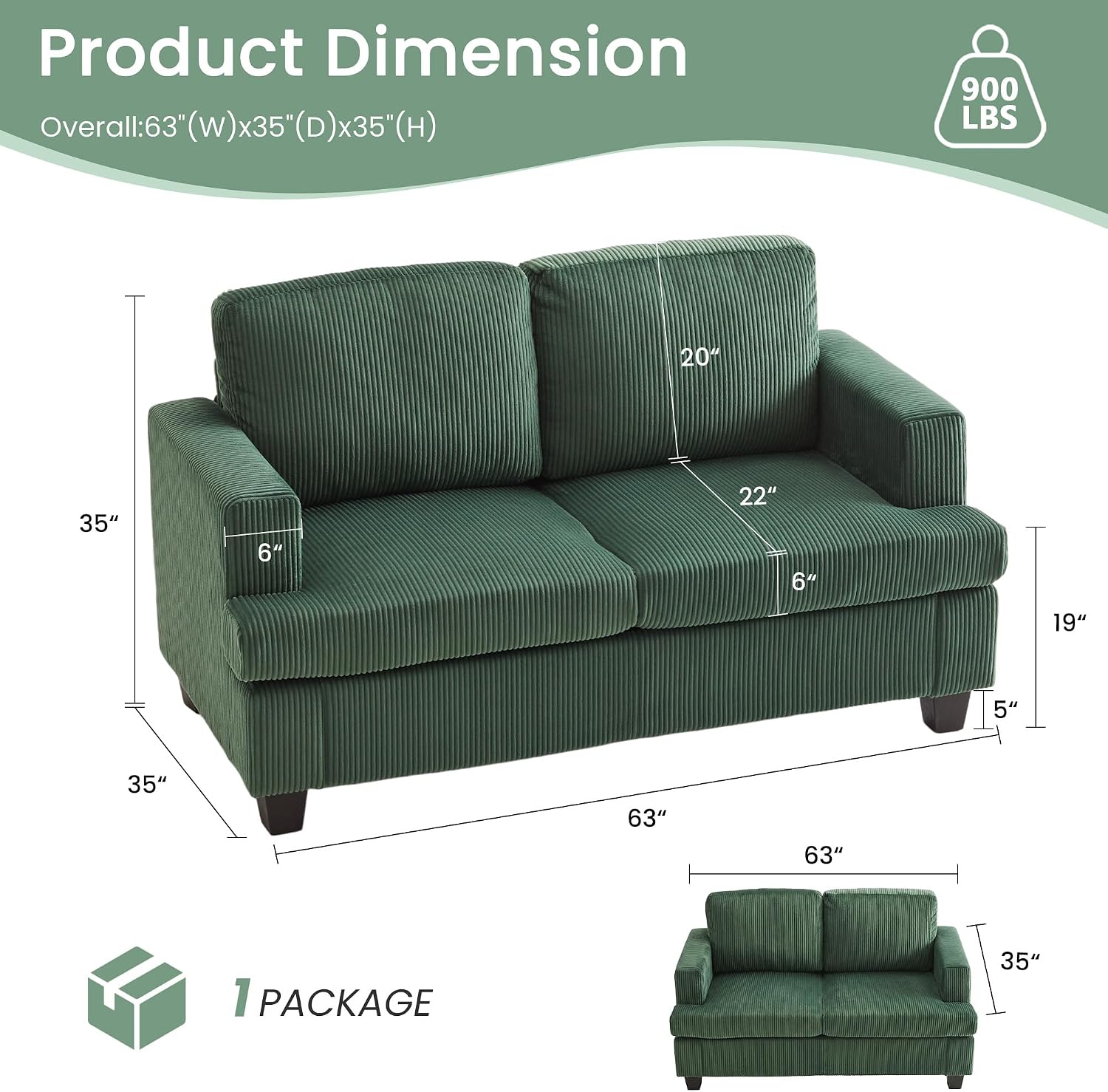 YOUDENOVA 2 Piece Set Comfy Sofa Couch, 3 Seater & Loveseat Sofa with Deep Seats, Modern Sleeper Couch for Living Room, Green Corduroy