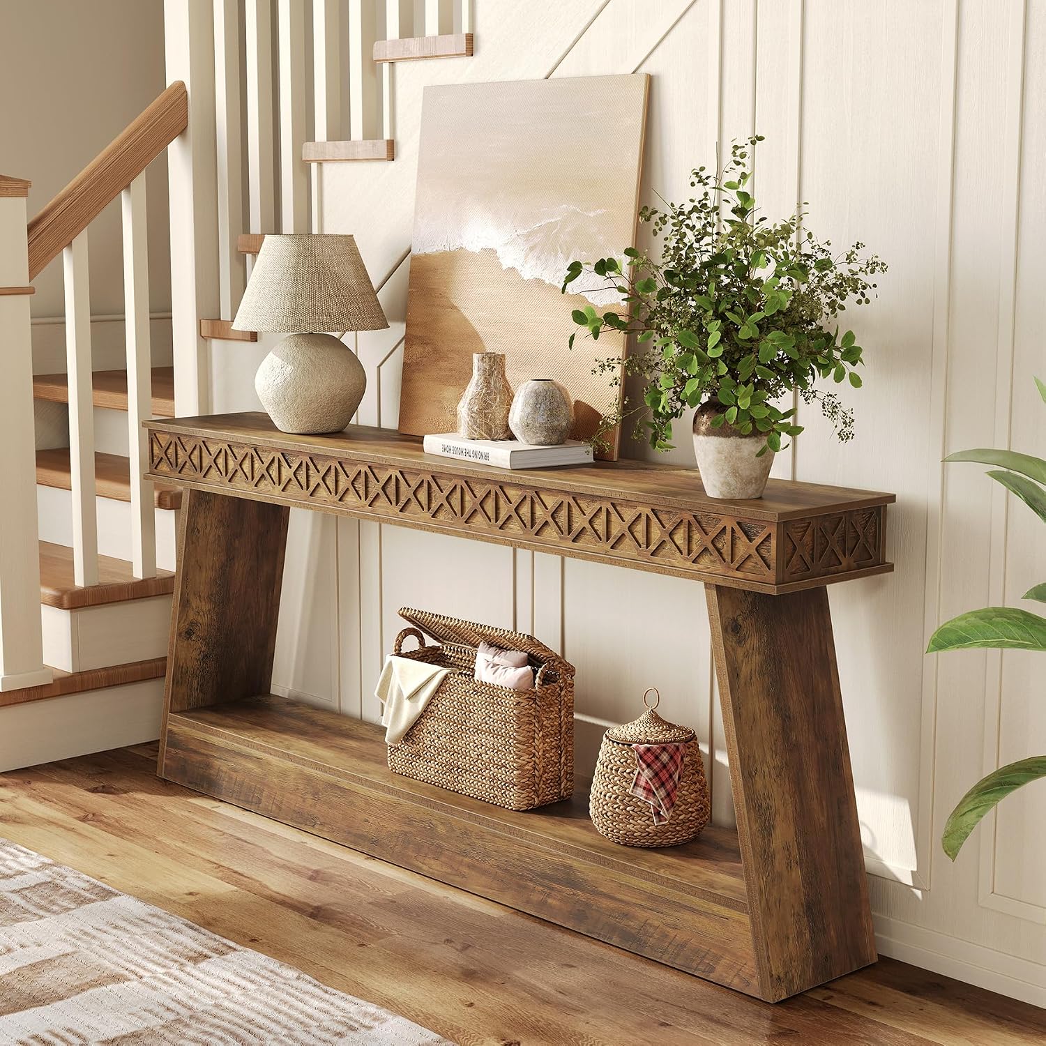 LITTLE TREE 70.87' Long Farmhouse Console Table, 2-Tier Shelf Narrow Accent Entryway Sofa Table for Living Room, Behind Couch, Hallway - Brown